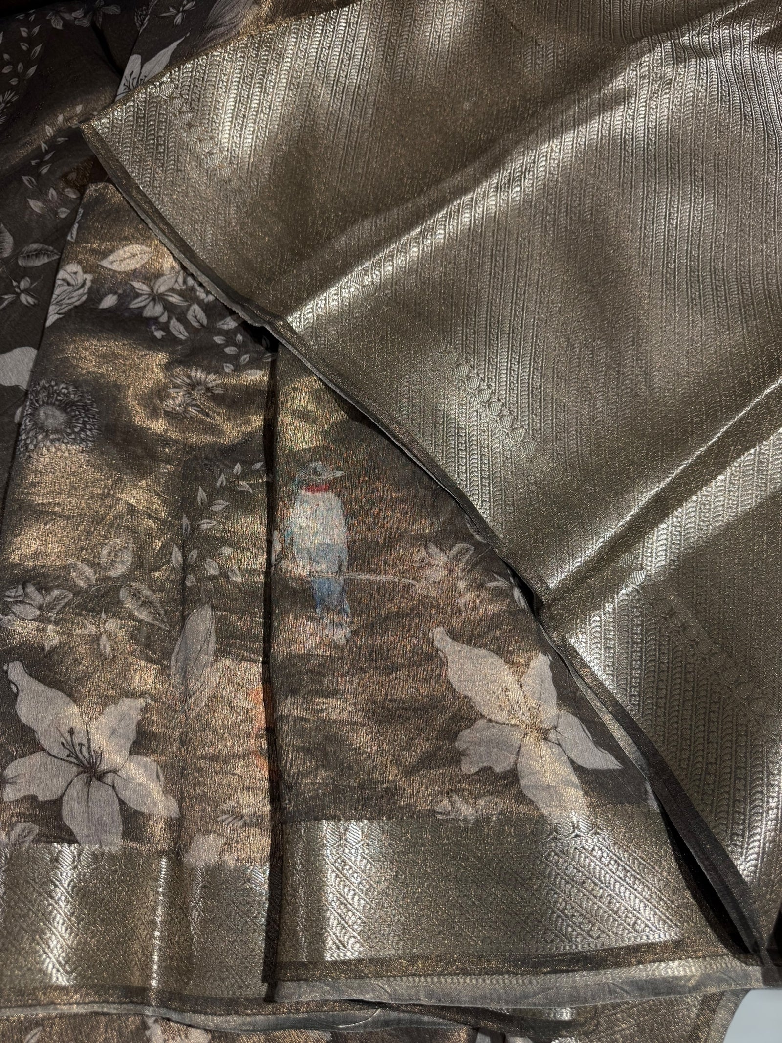 Dark Olive/ Deep mehendi Green Printed Banarasi Cotton Tissue