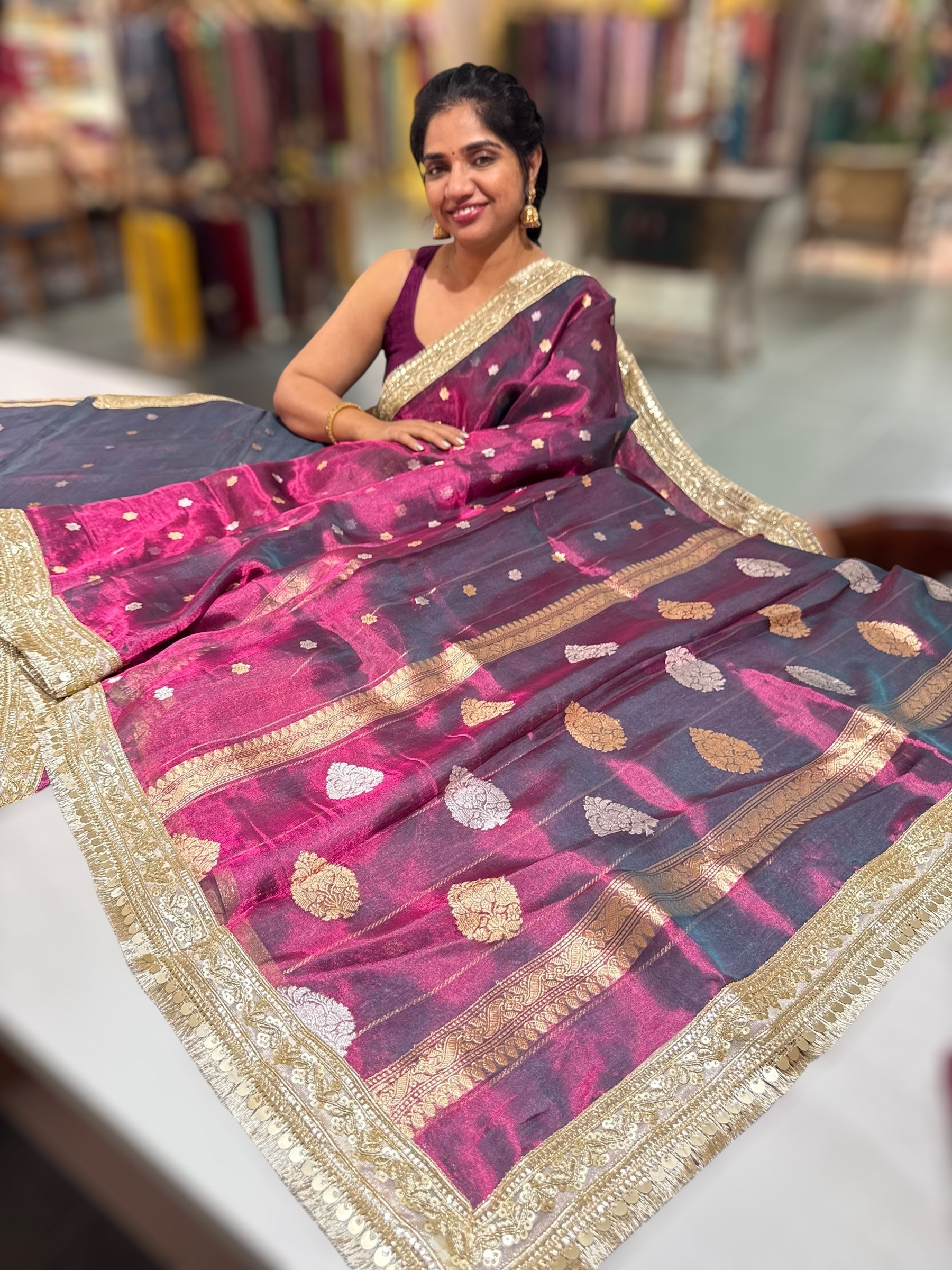 Wine Pure handloom Banarasi Tissue saree