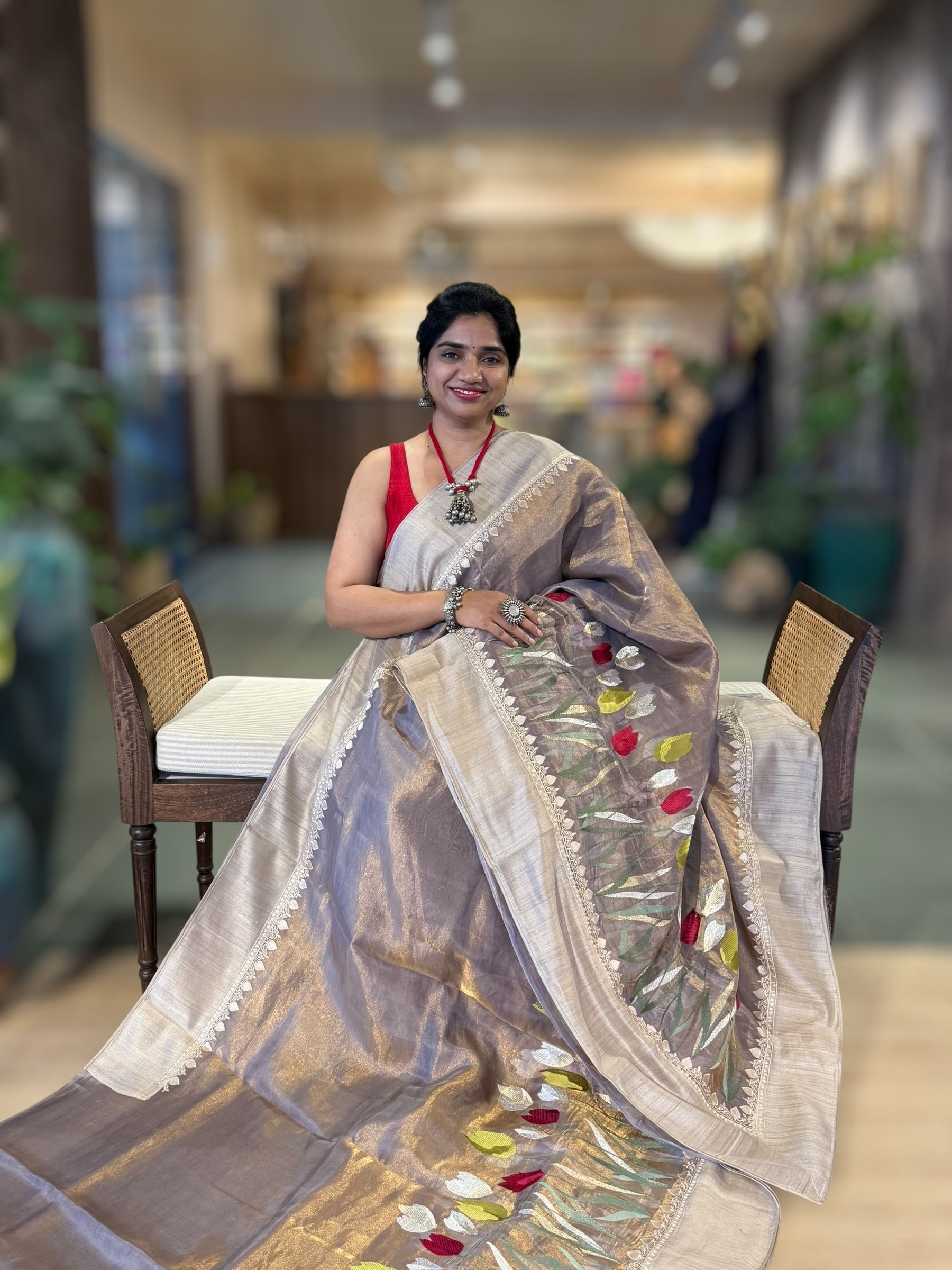 Mauve Designer Handloom Tissue Saree With Tulip embroidery