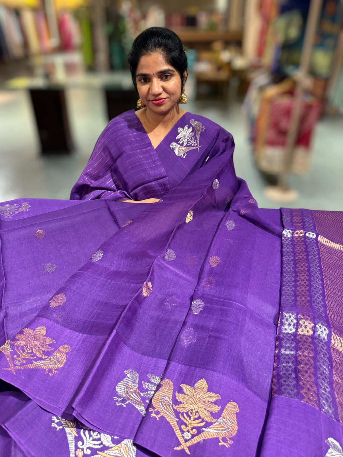 Brinjal Kora muslin sarees with kaduwa woven nandi motif border