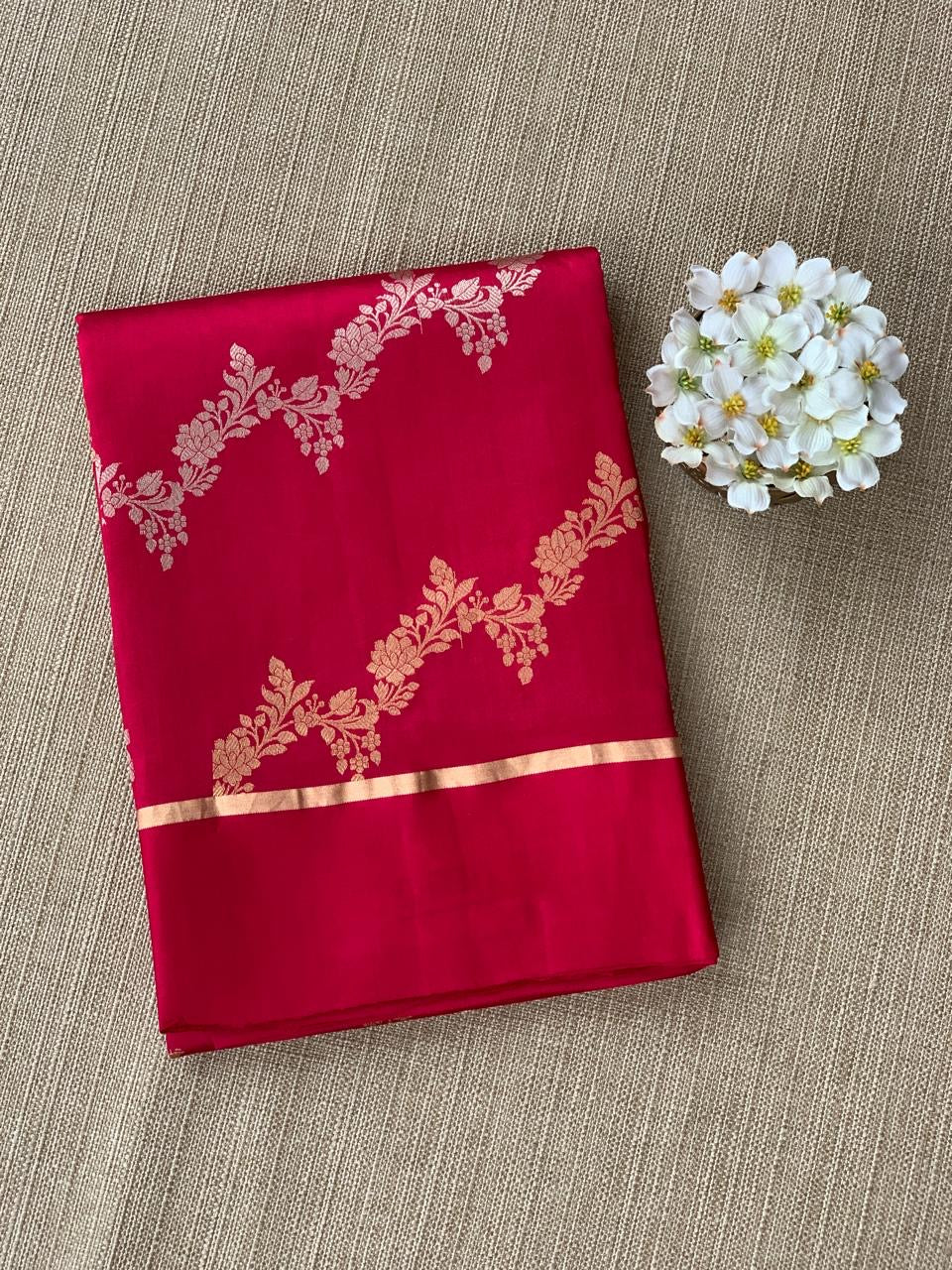 Ruby Pink Raw Mangoe Silk Saree in half and half style