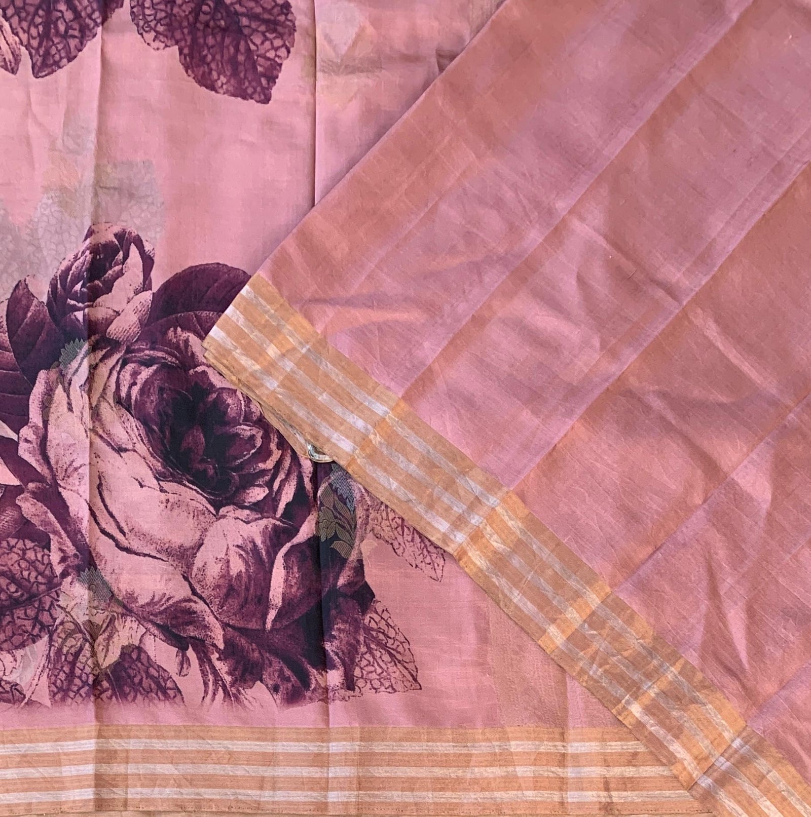 Onion Pink Printed Kanchi Soft Silk Saree with Bold Rose Flower Print.