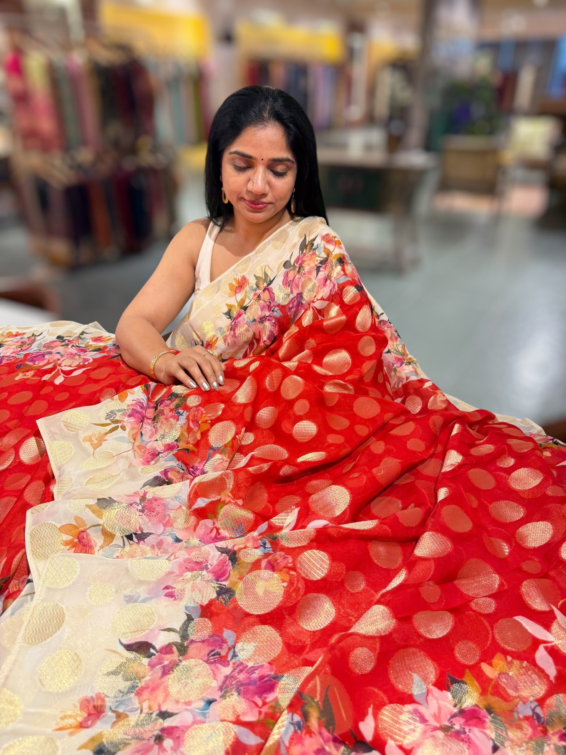 Orangish Red Banarasi Kora Gorgette Polka dot Printed Saree