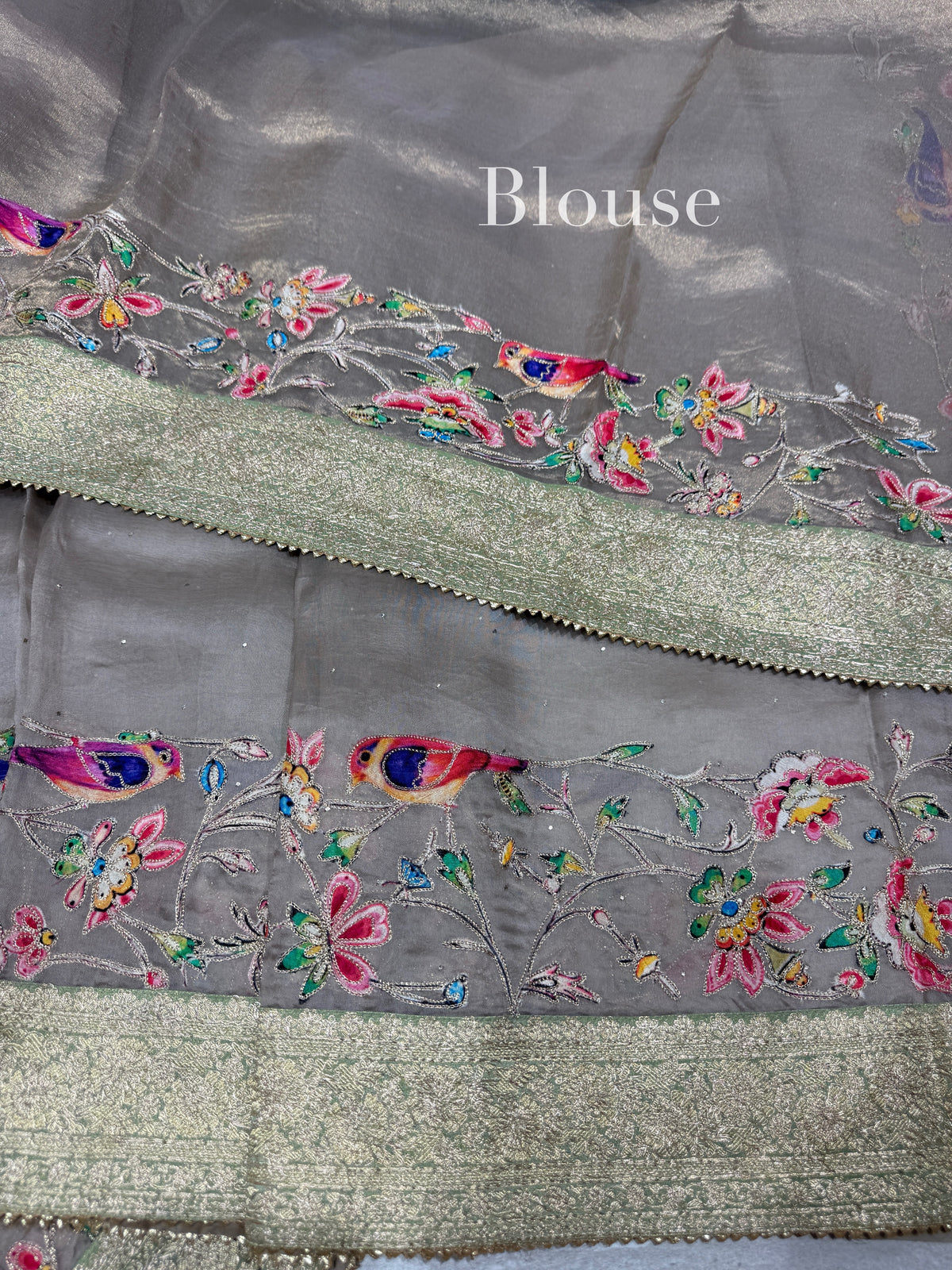 Muted Earthy Dove tone Organza Banarasi Fusion Saree with Bird Appliqué : SM022