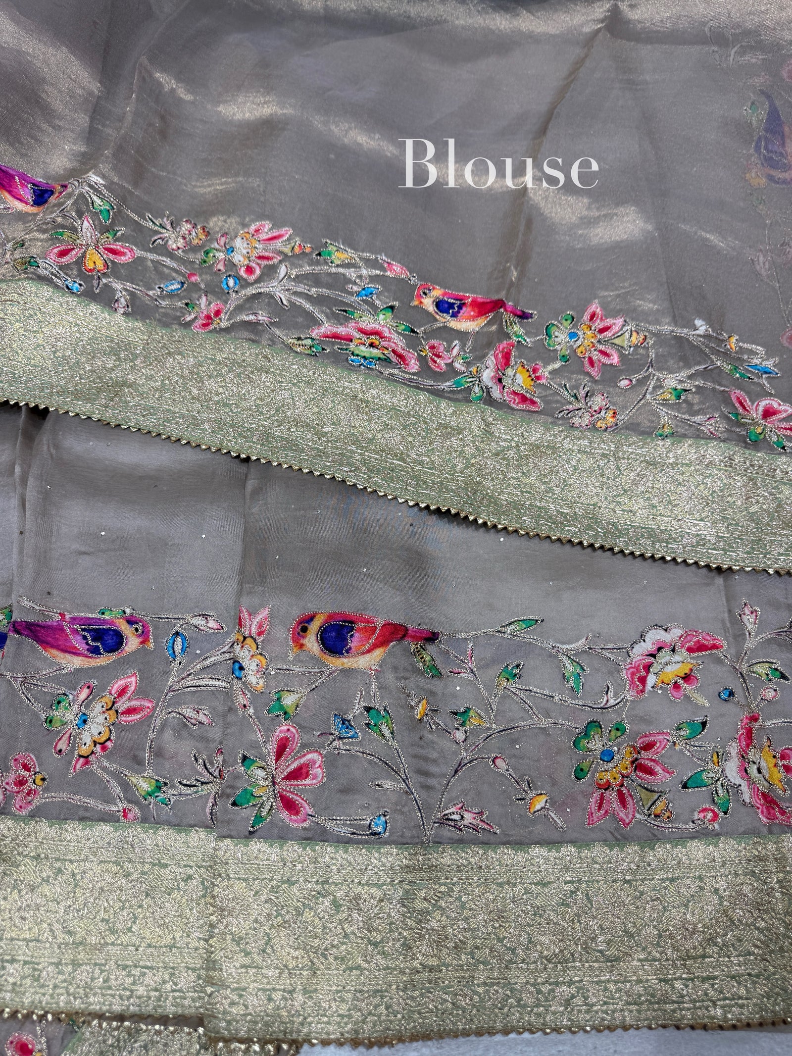 Muted Earthy Dove tone Organza Banarasi Fusion Saree with Bird Appliqué : SM022
