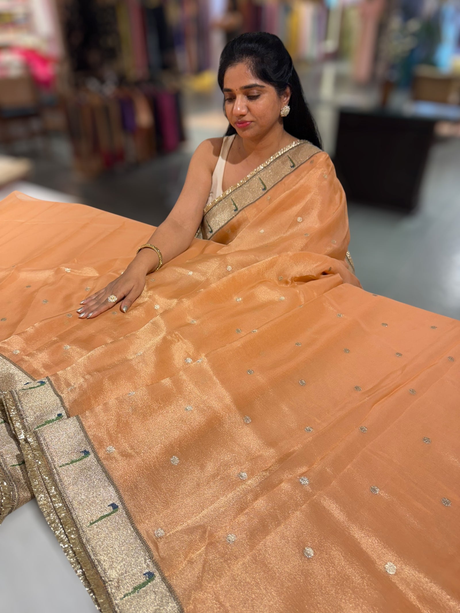Peach Tissue Saree with pythani tissue embroidered border