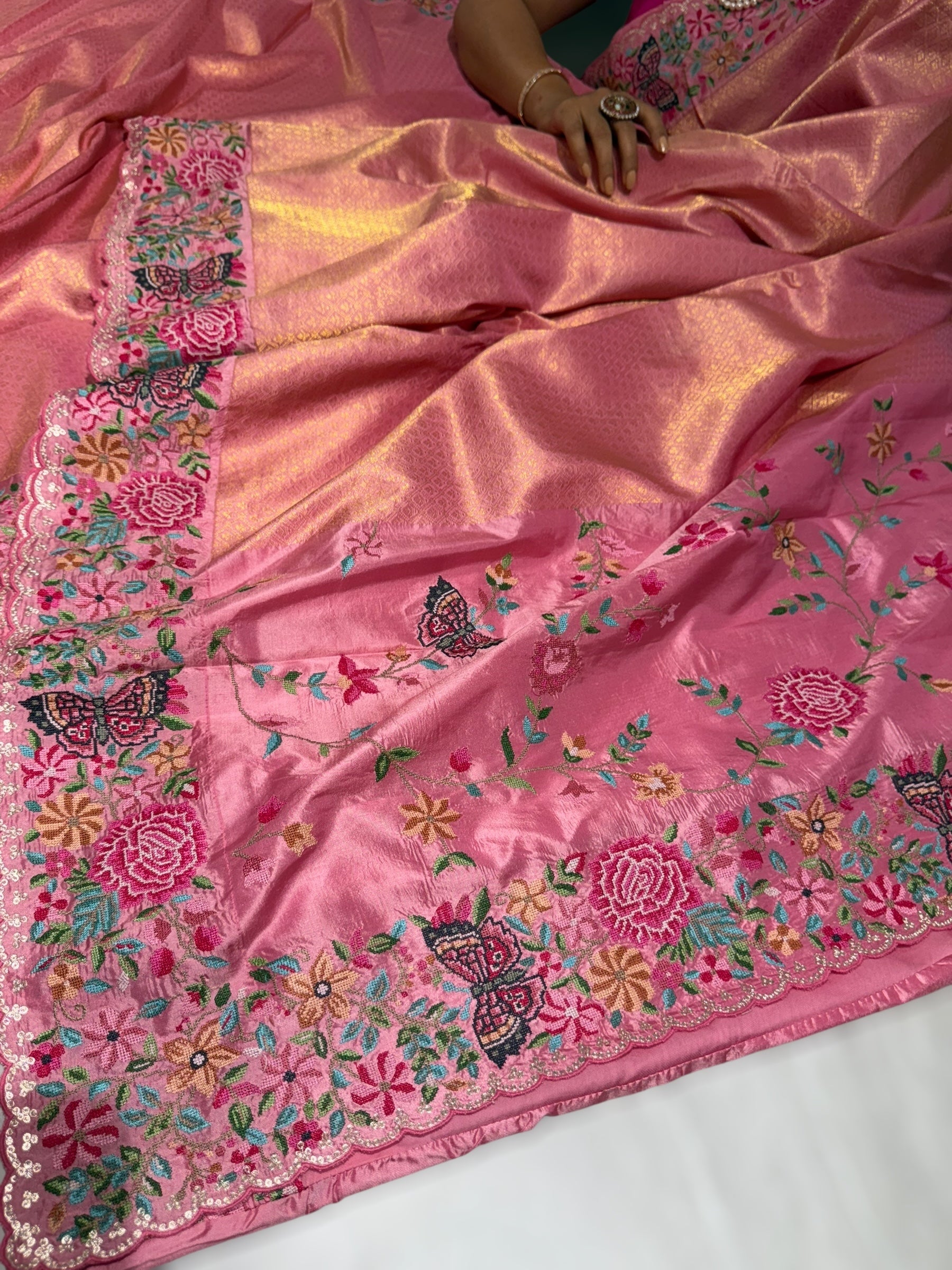 Coral Pink Kanjeevaram Brocade Saree with Petite Point Embroidered Border