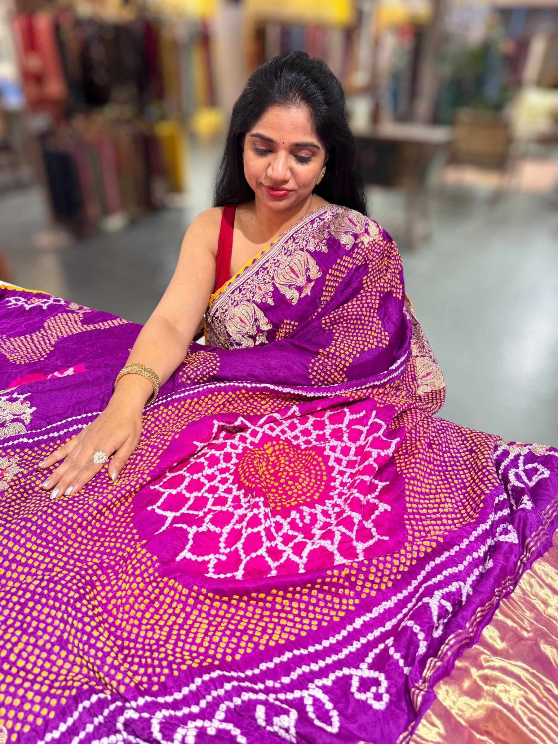 Purple Designer Rai Bandhej Saree With Embroidered Border
