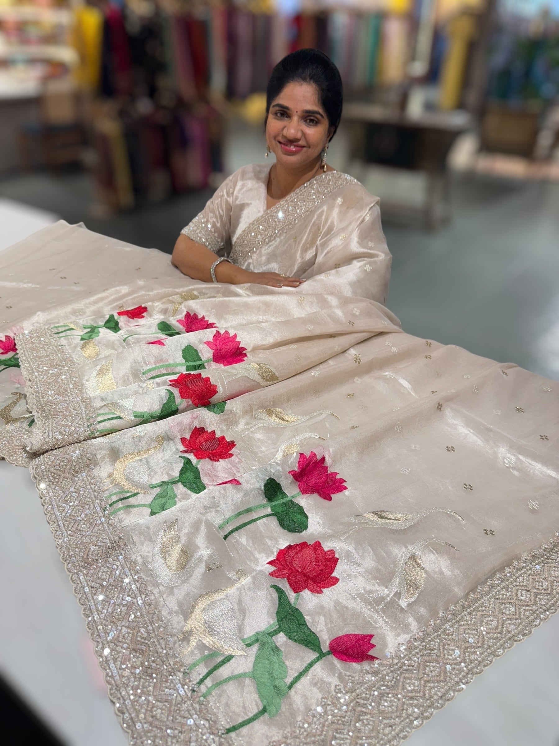 Silver Tissue Designer Saree with heavy handwork and embroidery