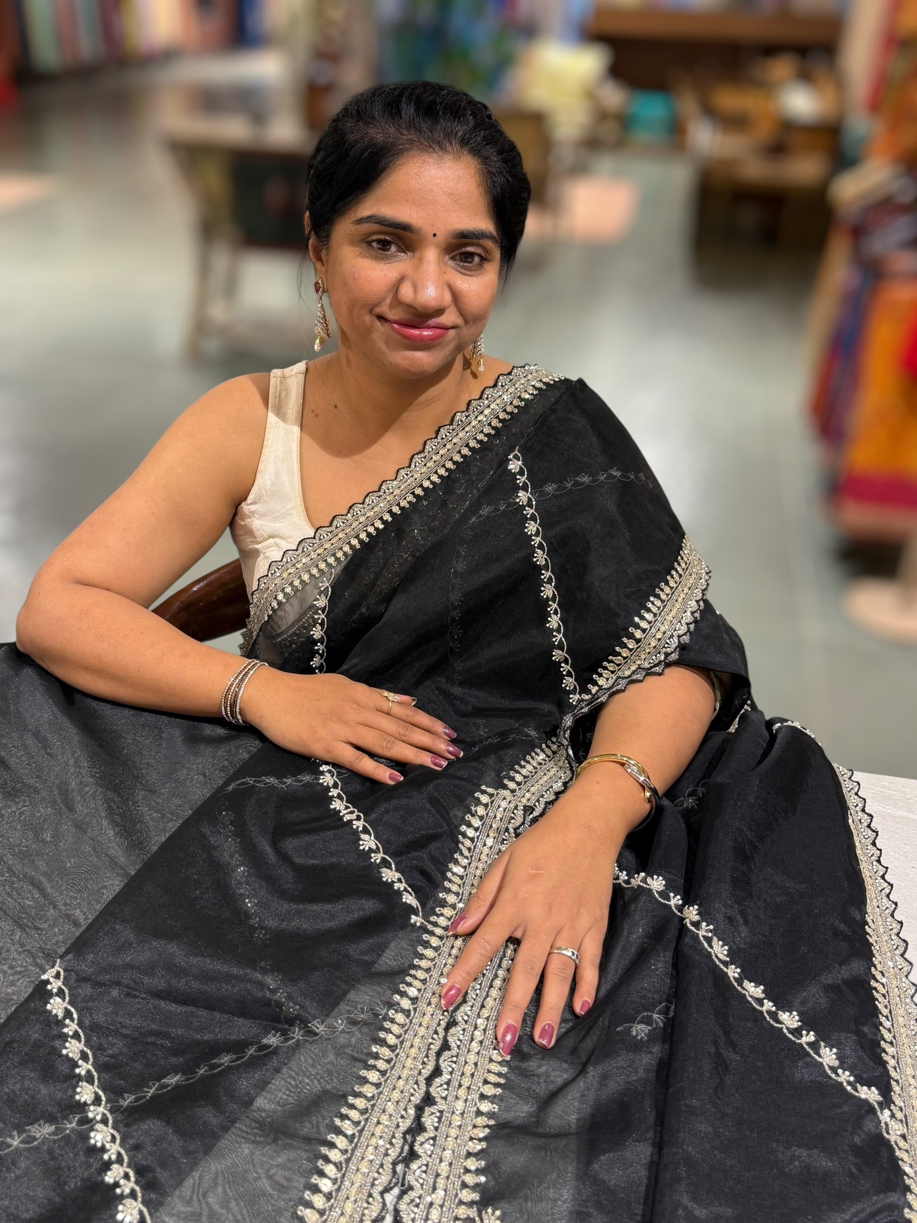 Black Organza handwork saree with ready to wear blouse