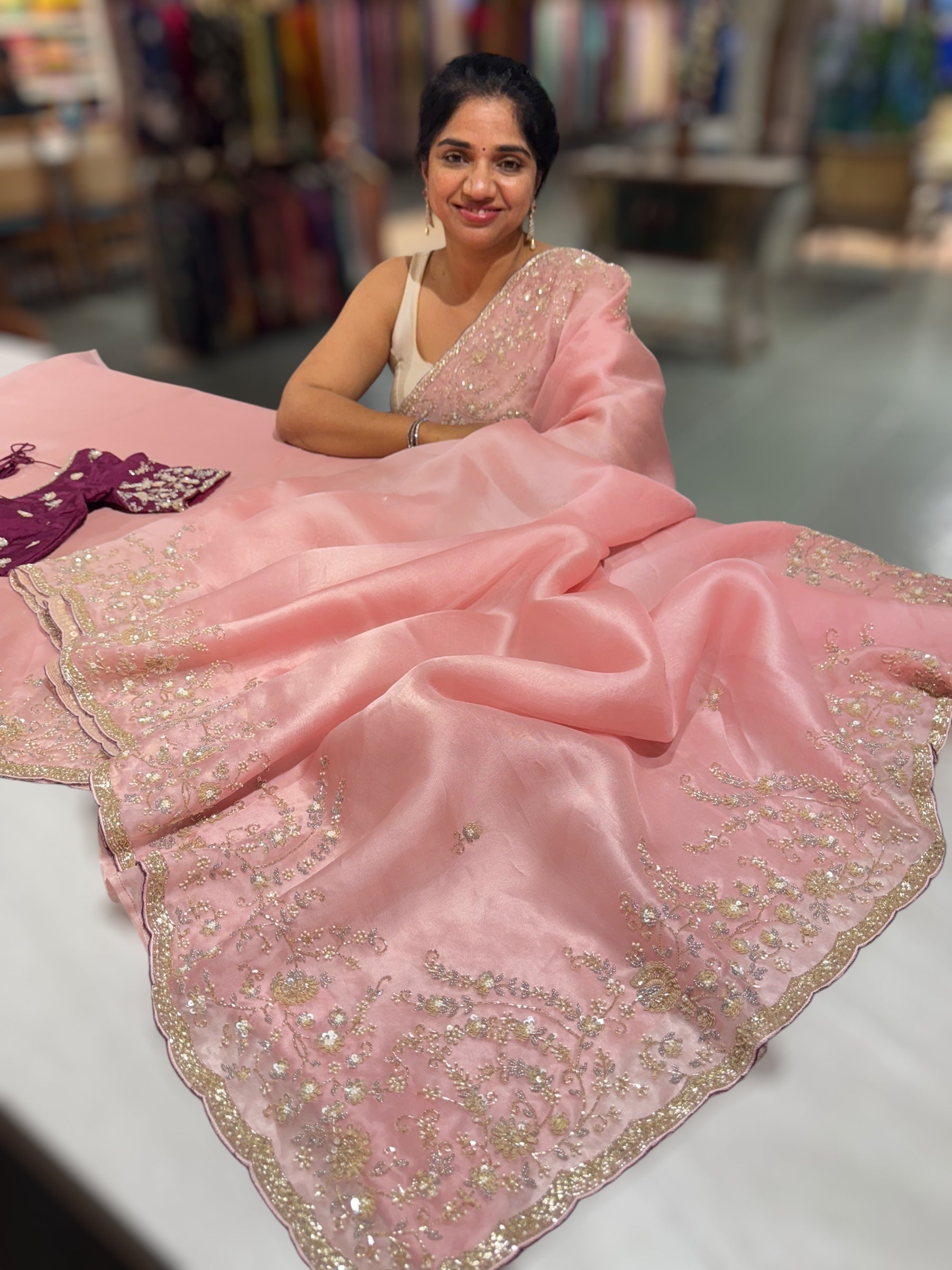 Blush Pink Organza heavy handwork saree with ready to wear blouse
