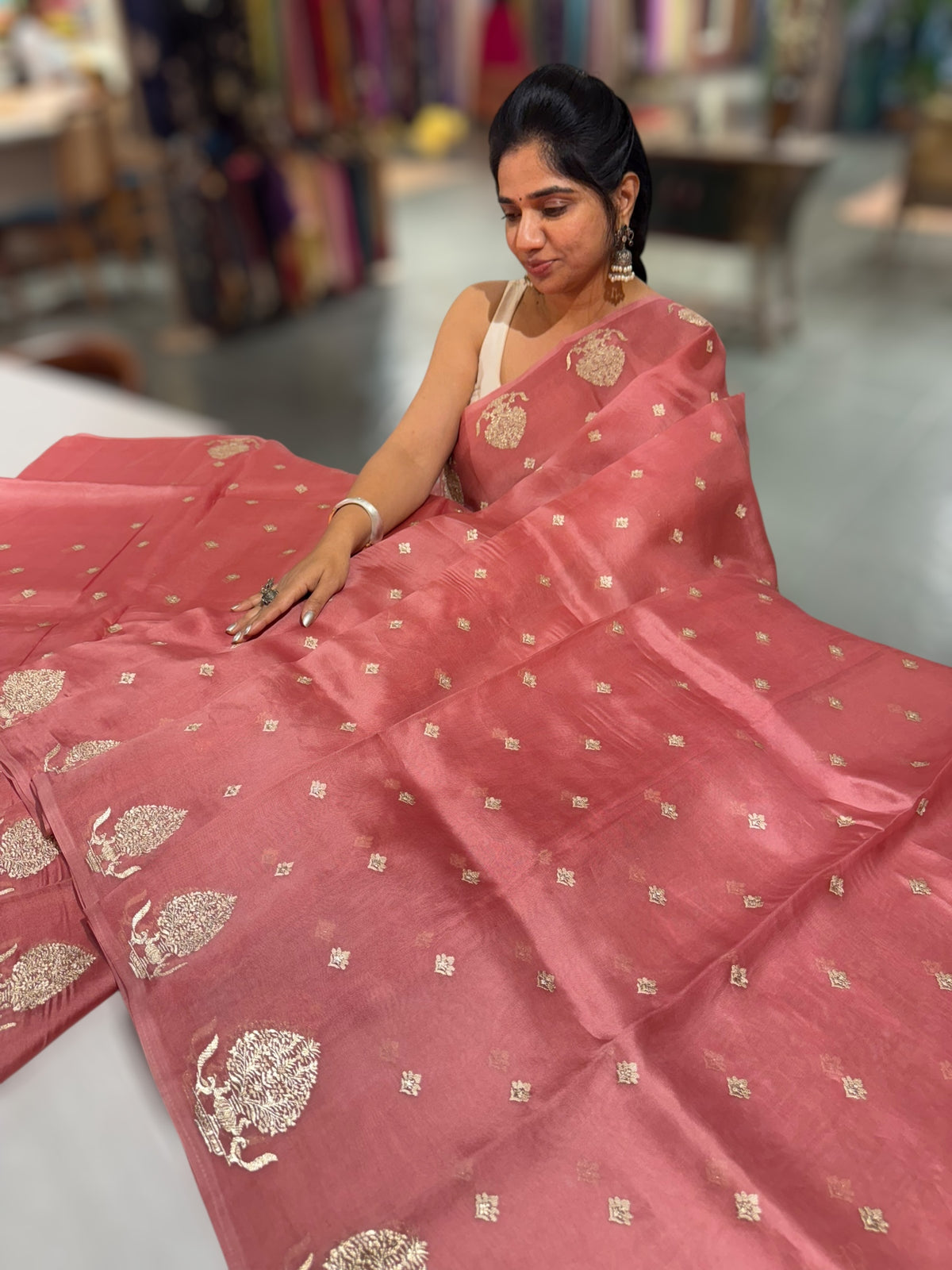 Dark Onion Pink Organza Saree With Embroidery & Tussar Printed Blouse