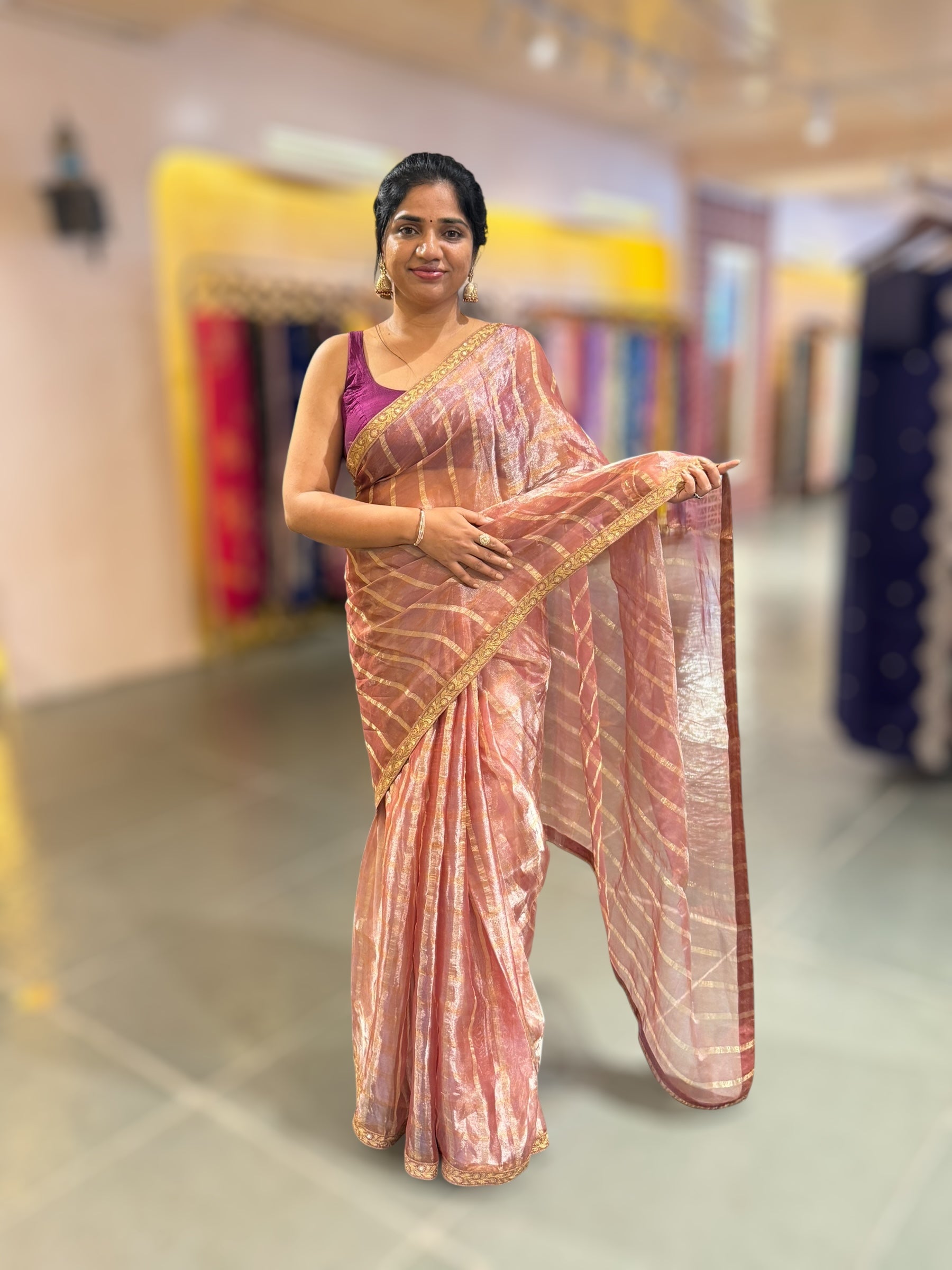 Onion Pink Banarasi Tissue checks Saree with Sabyasachi Borders