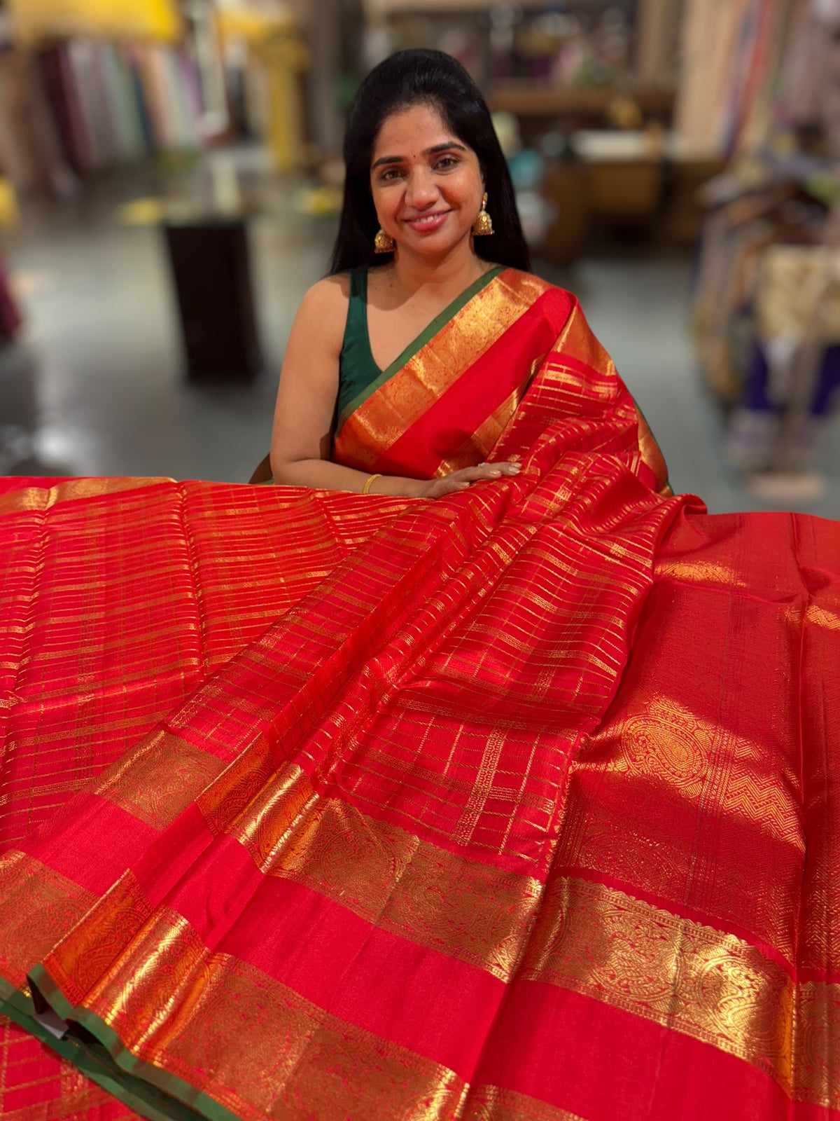 Chilli Red Vintage Checks Kanjeevaram Saree