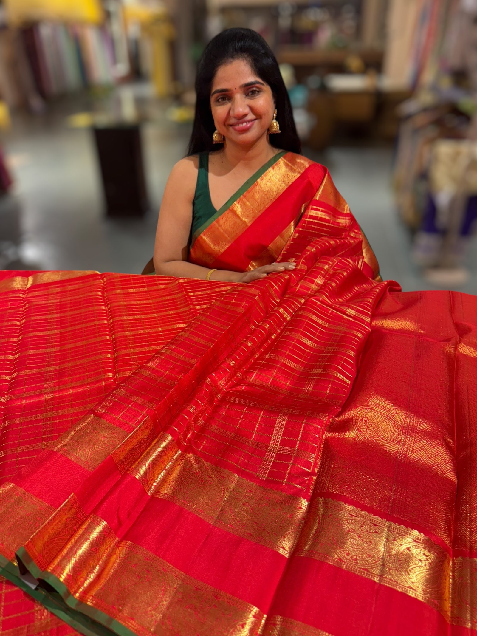 Chilli Red Vintage Checks Kanjeevaram Saree