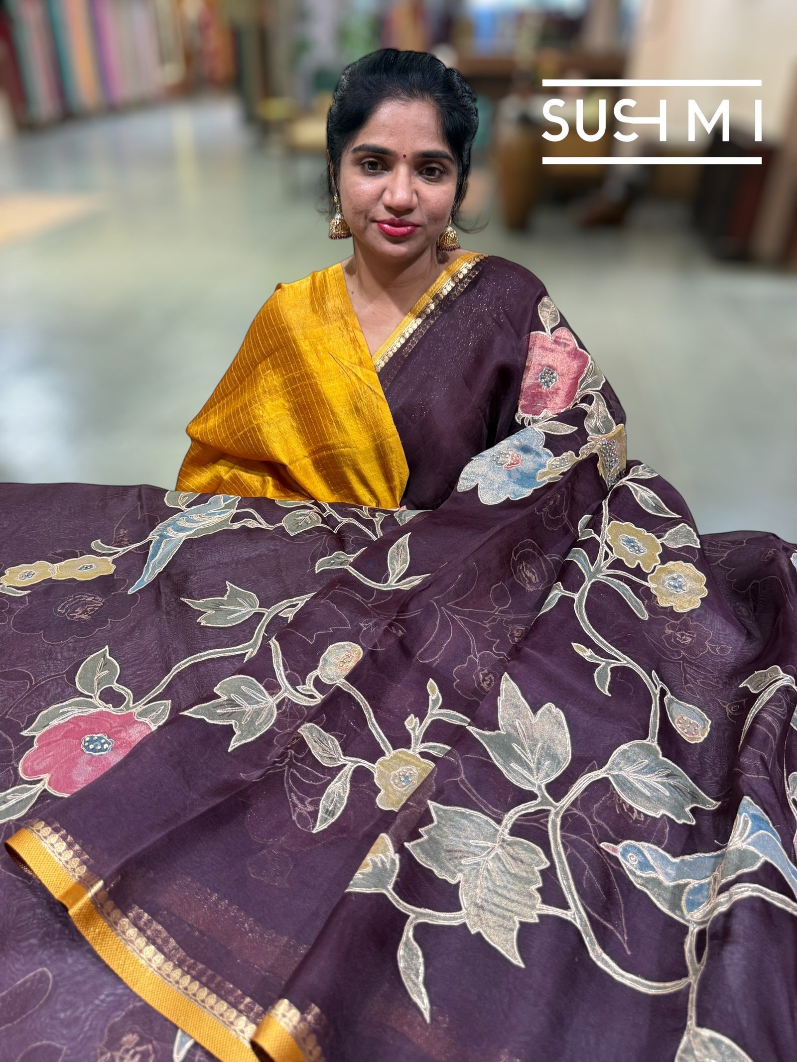 Winish Brown Designer Organza with Tissue applique work : S62F095