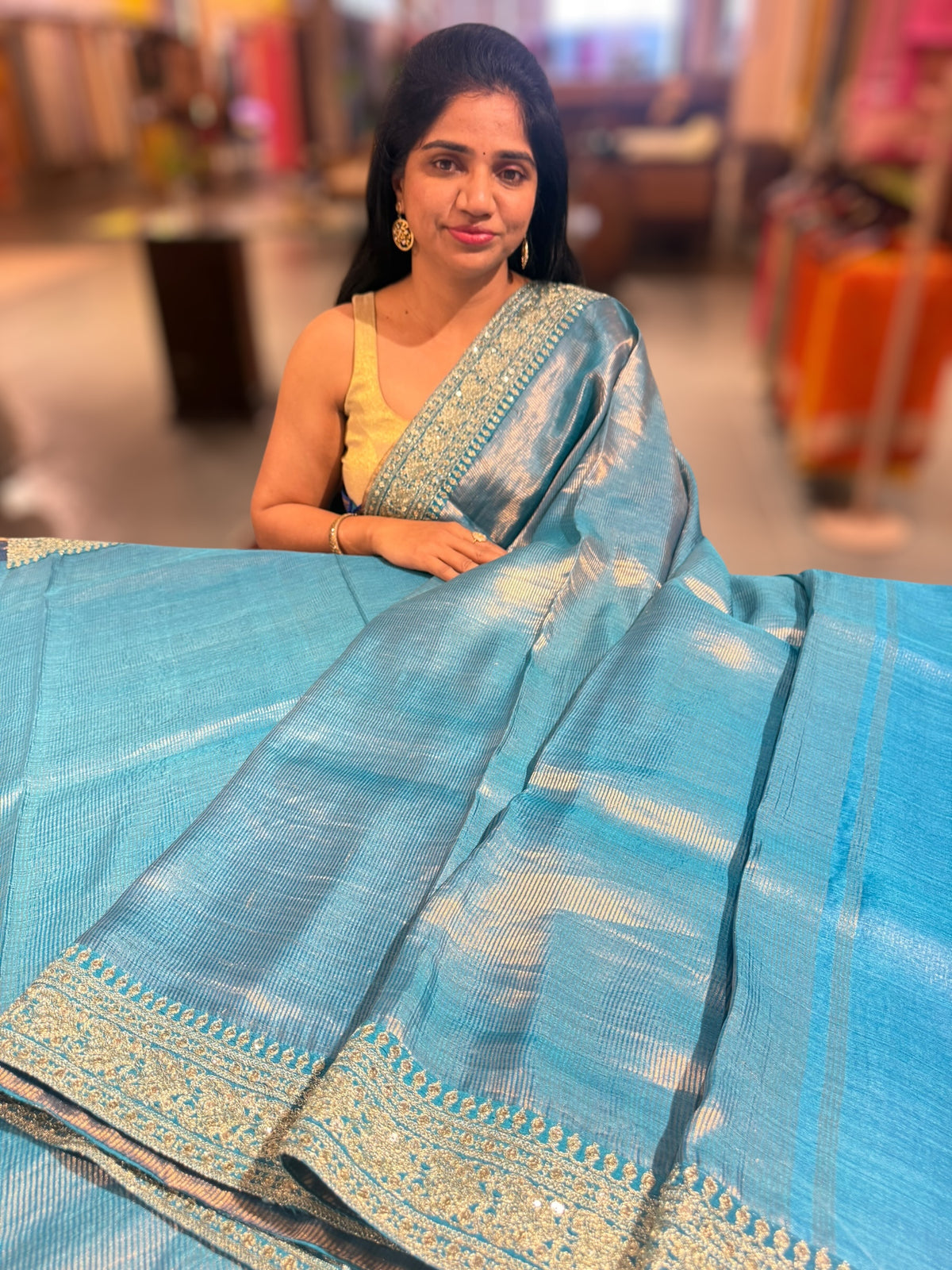 Copper sulphate kora Muslin Tissue fusion saree