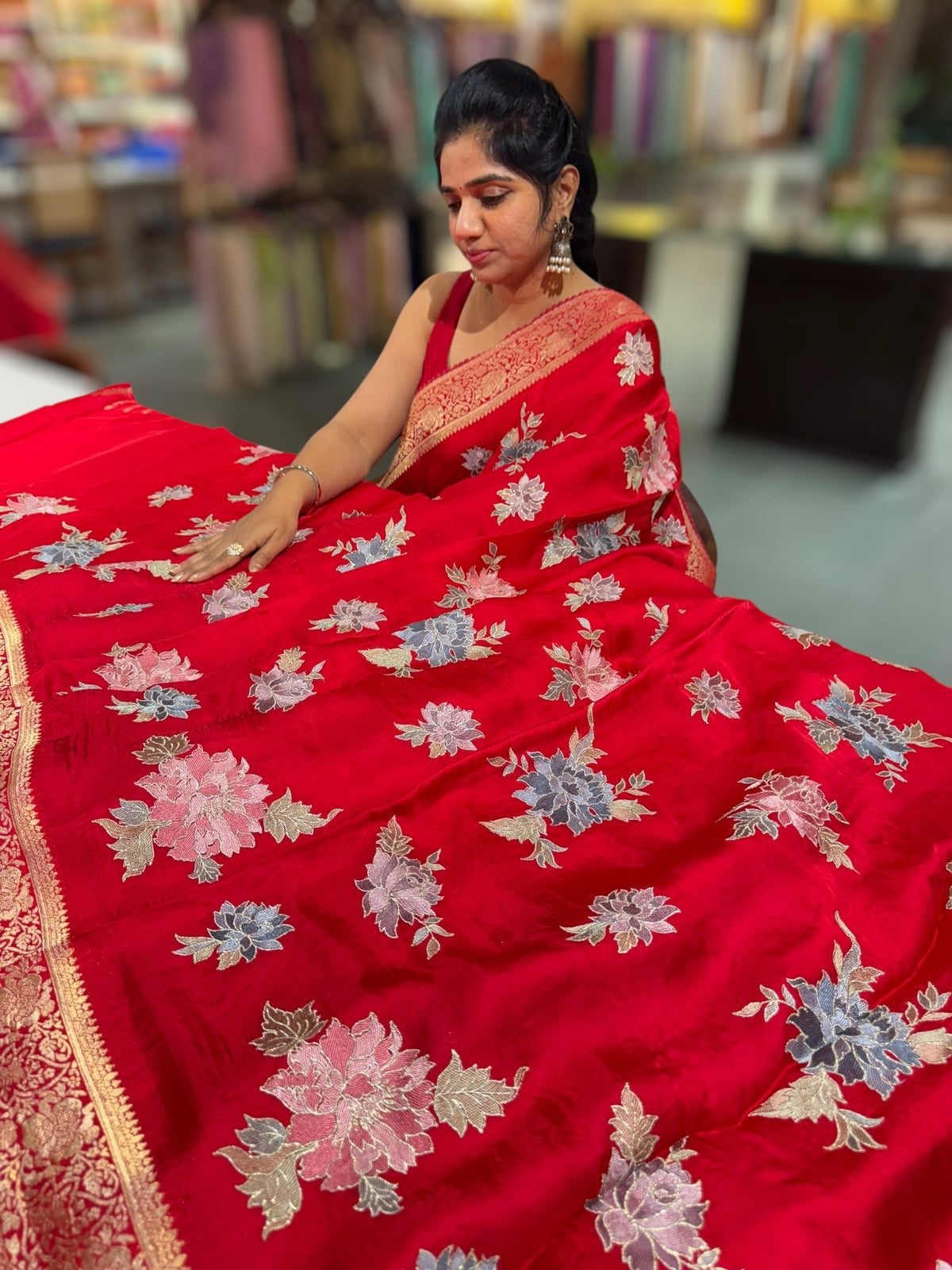 Chilli Red Mashru Banaras with embroidery