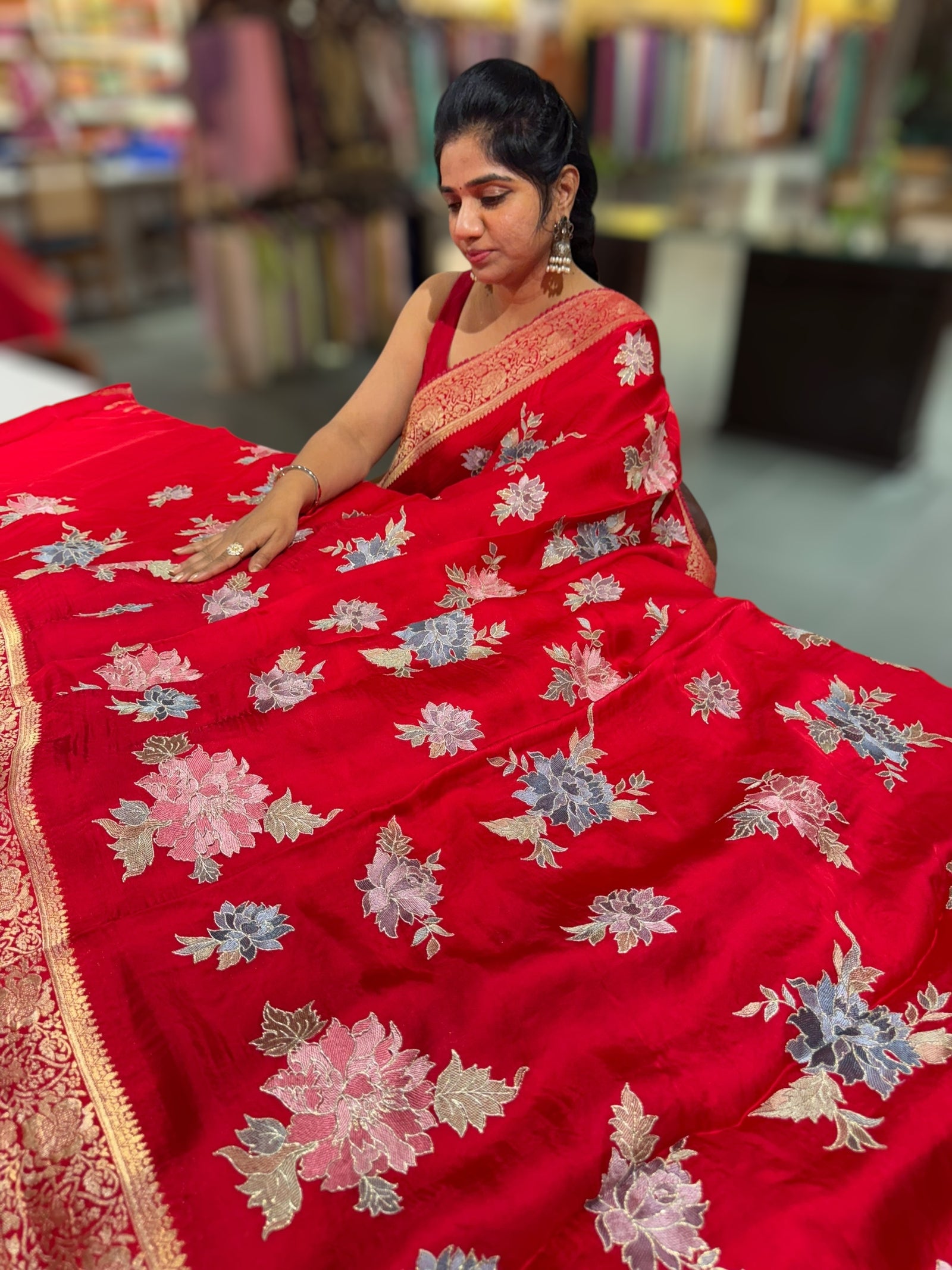 Chilli Red Mashru Banaras with embroidery