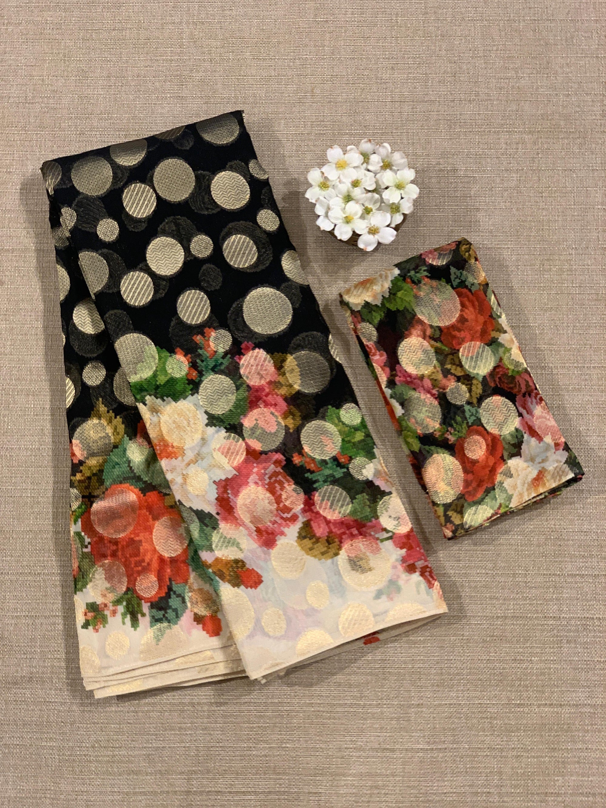 Black Banarasi Kora Gorgette Polka dot Printed Sareep