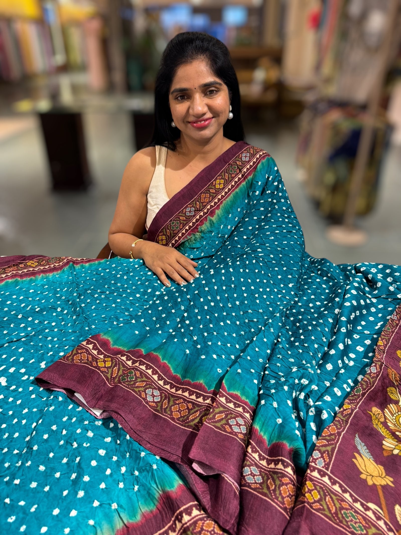 Peacock bandhini kalamkari modal satin saree