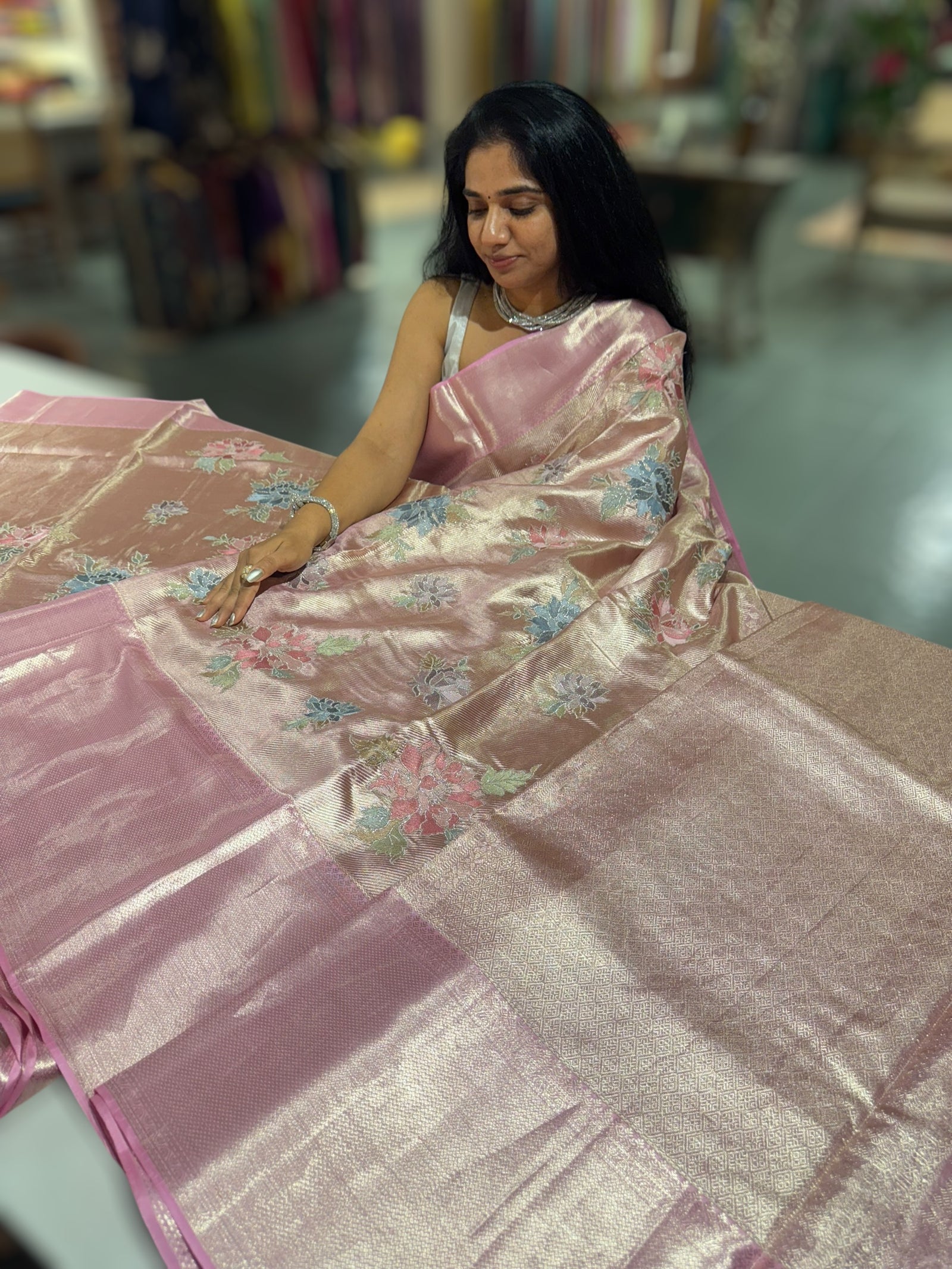 Rose Pink Designer Kanchi Saree with allover embroidery