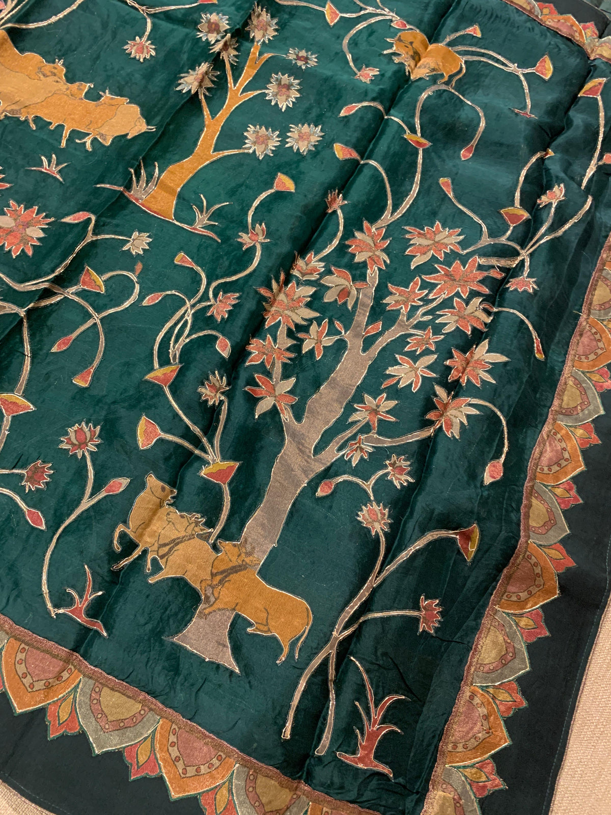 Bottle Green Designer Organza Saree with Stunning Tissue Applique work Saree with village theme