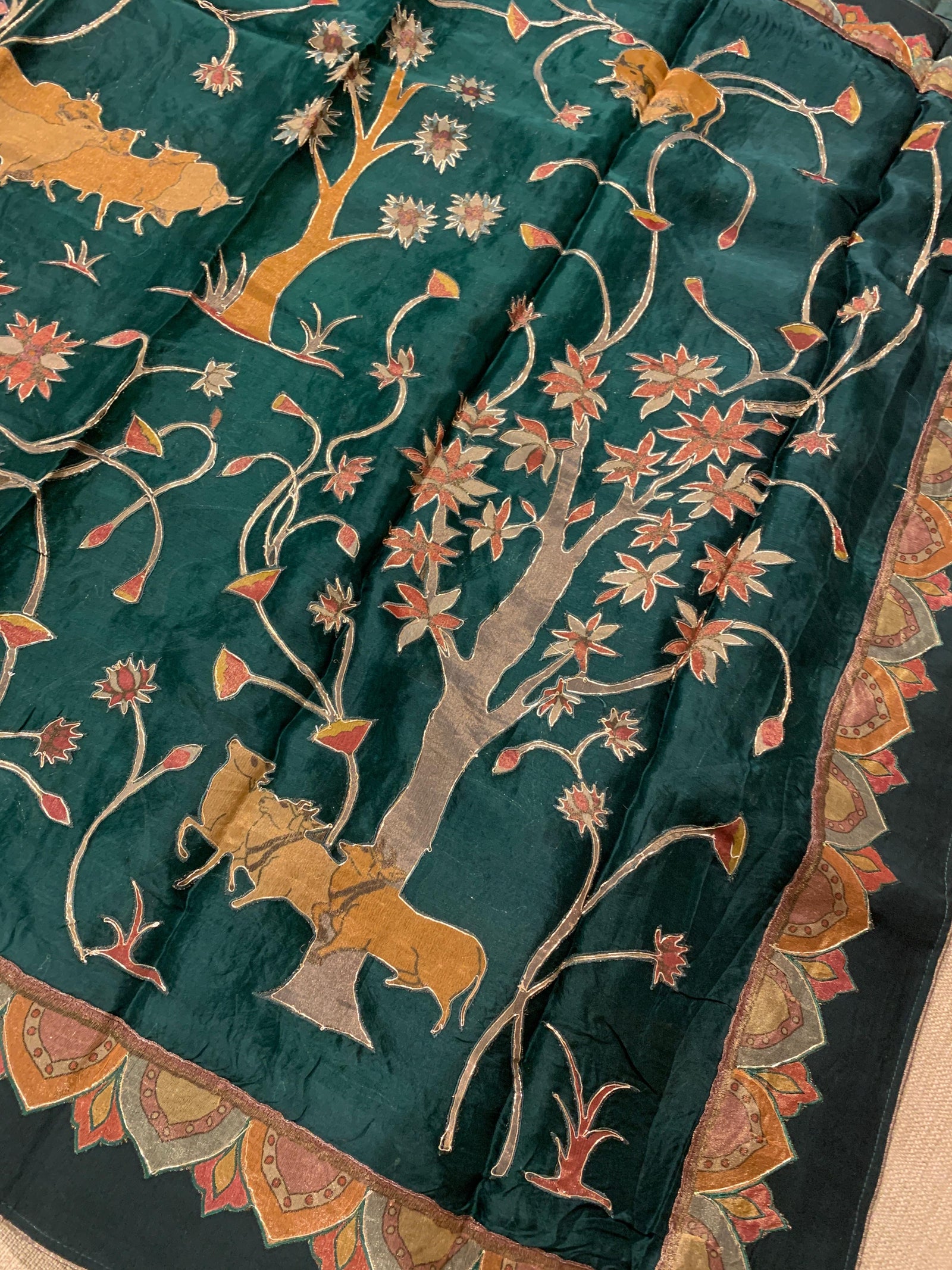 Bottle Green Designer Organza Saree with Stunning Tissue Applique work Saree with village theme