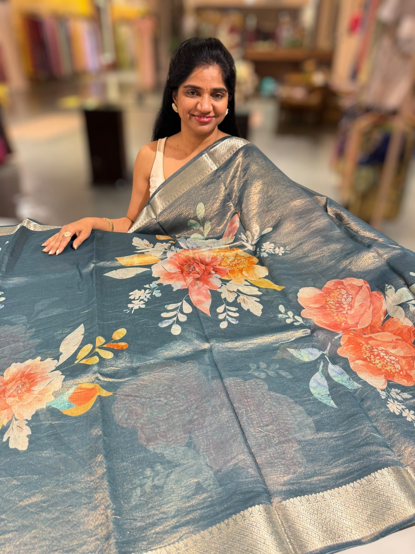 Peacock Blue Printed Banarasi Cotton Tissue