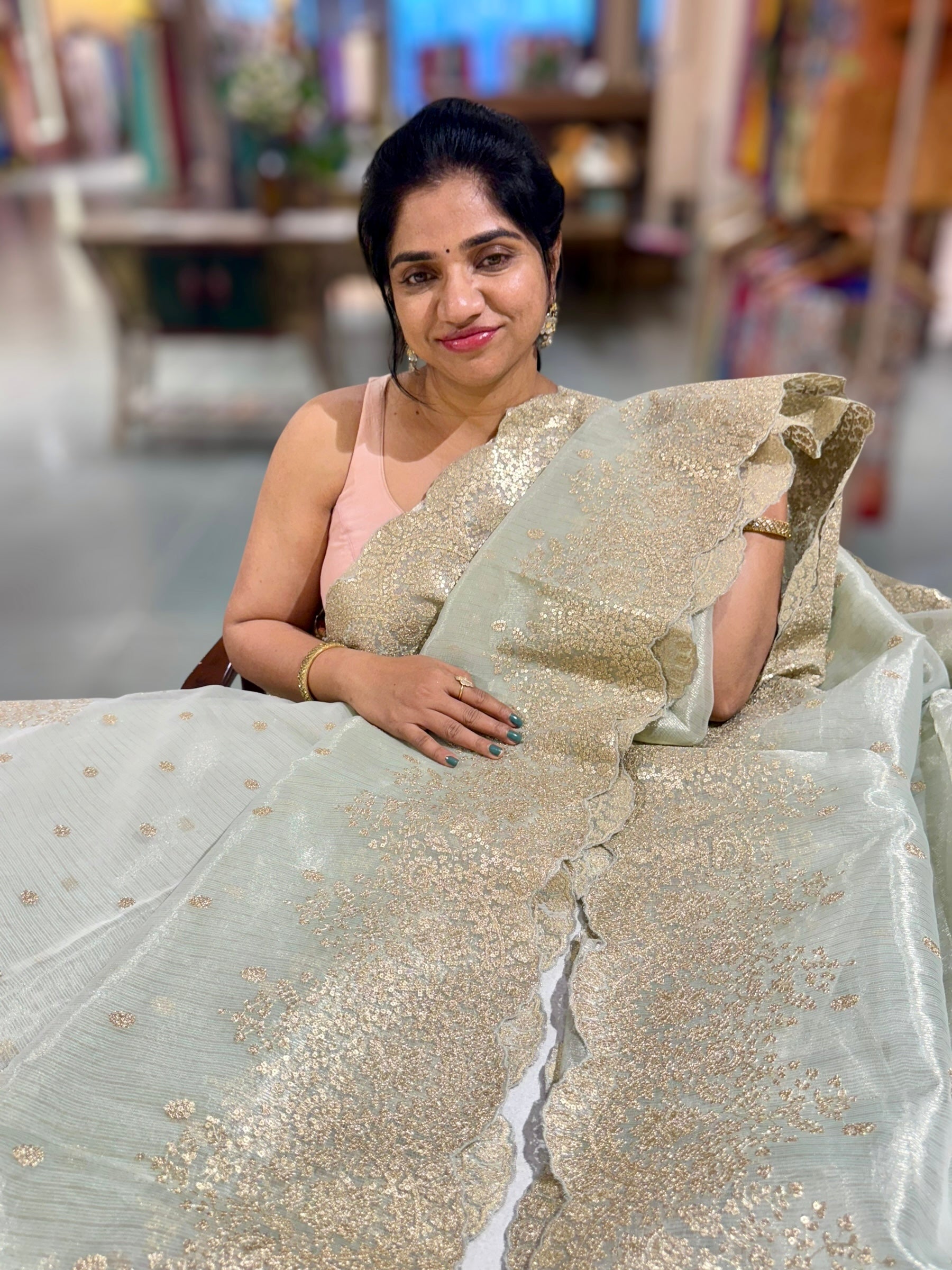 Mint Blue Tissue Saree with Heavy Sequence Embroidered Scallop Border
