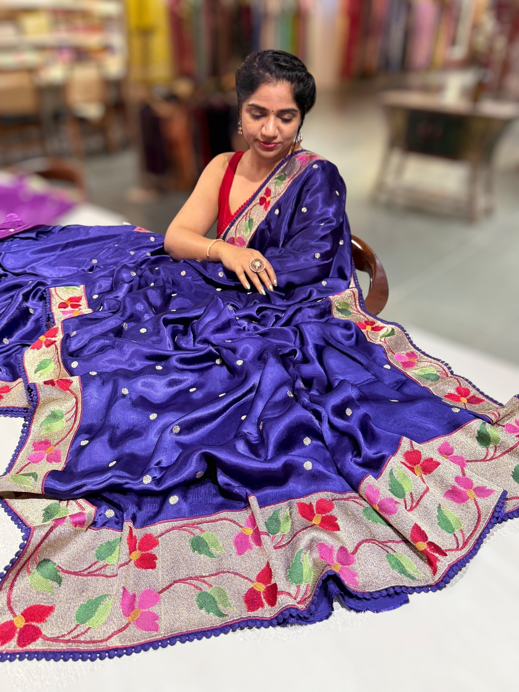 Violet Satin Saree with Paithani Embroidered Border