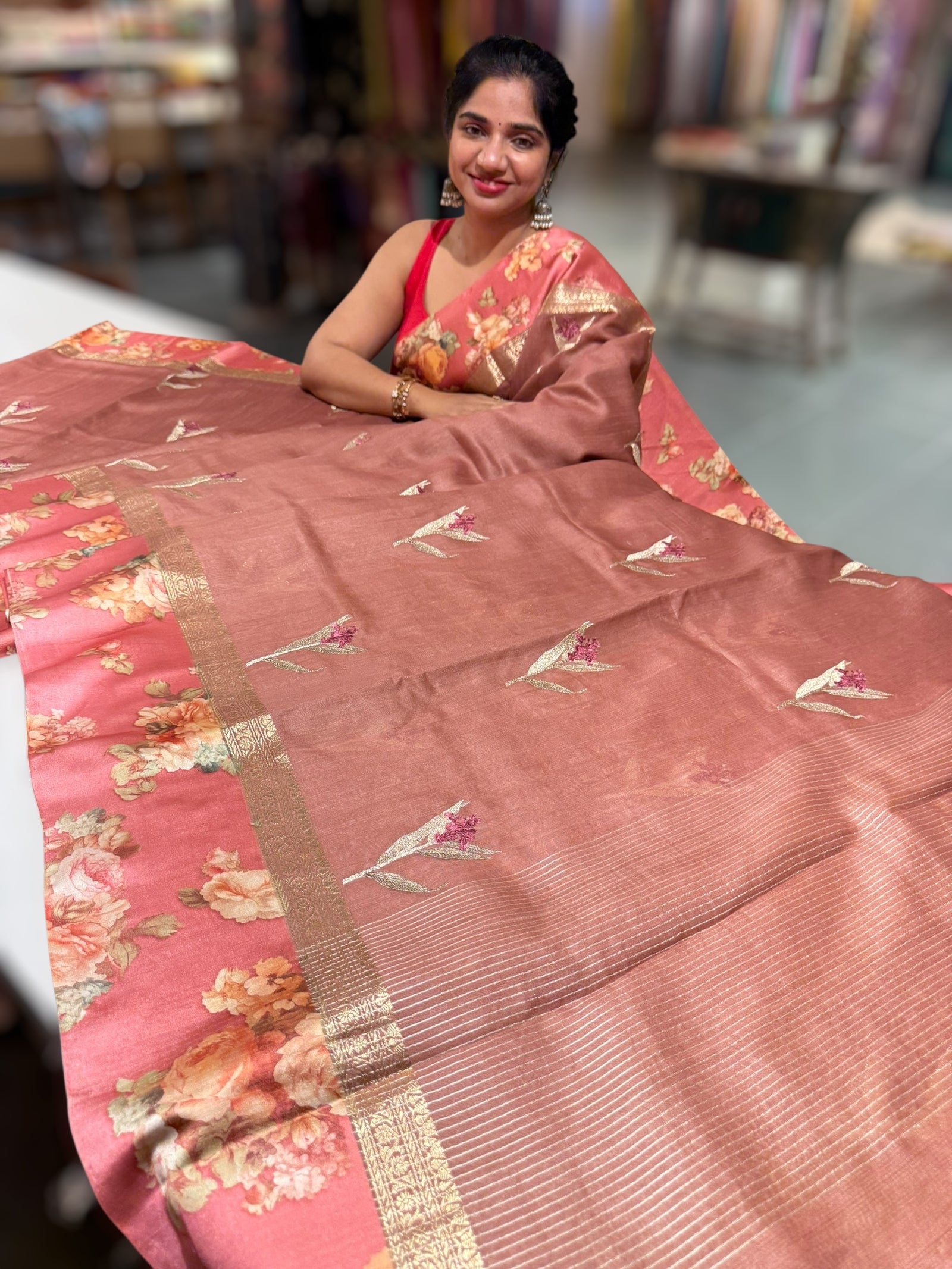 Dark Onion Pink Tussar Dhupion Saree with Floral printed mashru borders