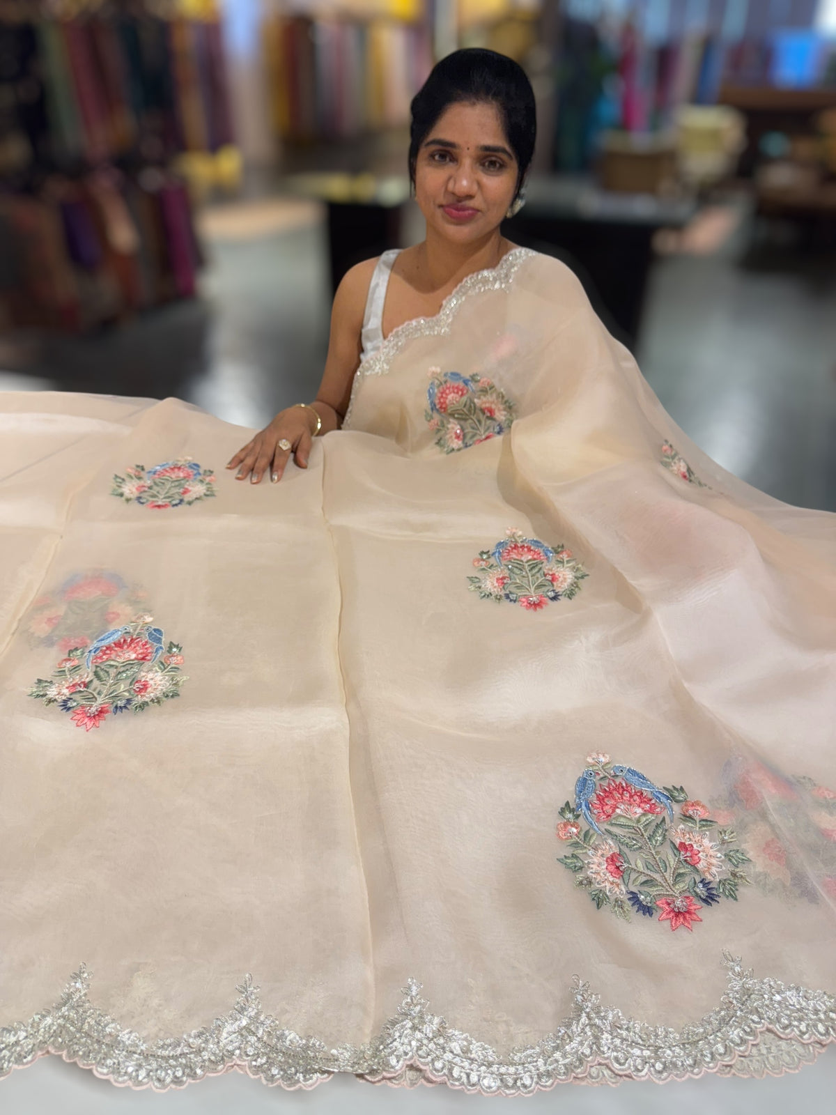 Nude Pink pure Organza handwork saree