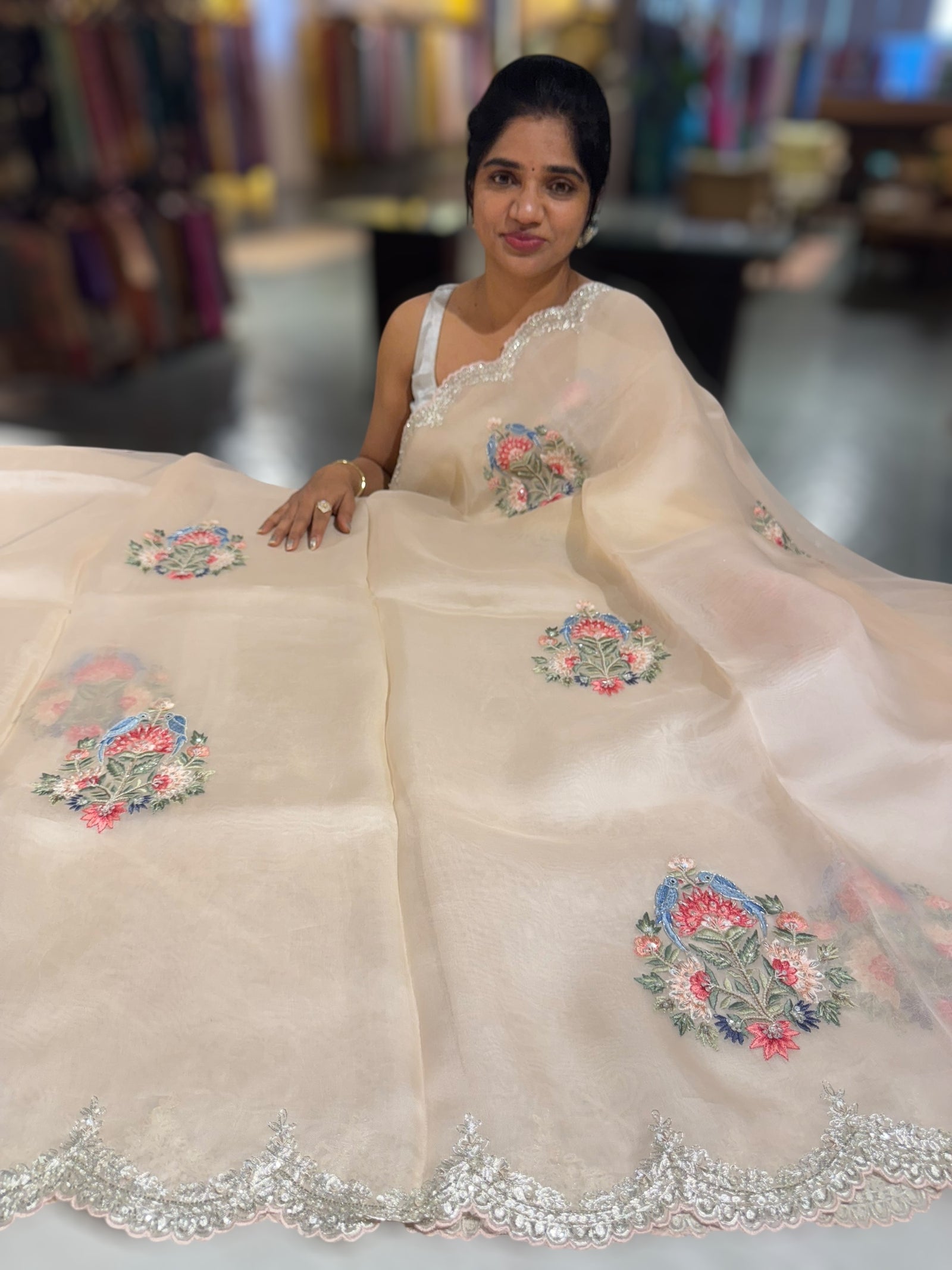 Nude Pink pure Organza handwork saree