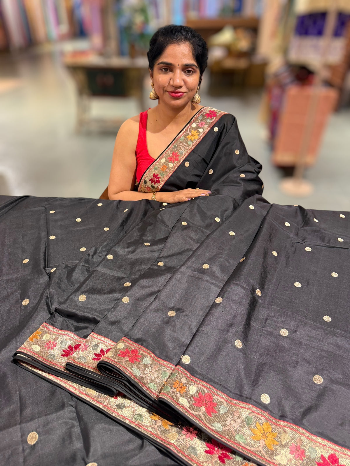 Black Kanchi soft silk saree with pythani and jamdani inspired embroidery