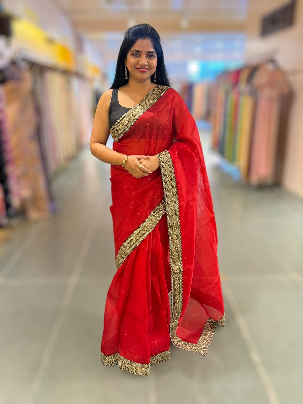 Red Organza with sabyasachi borders