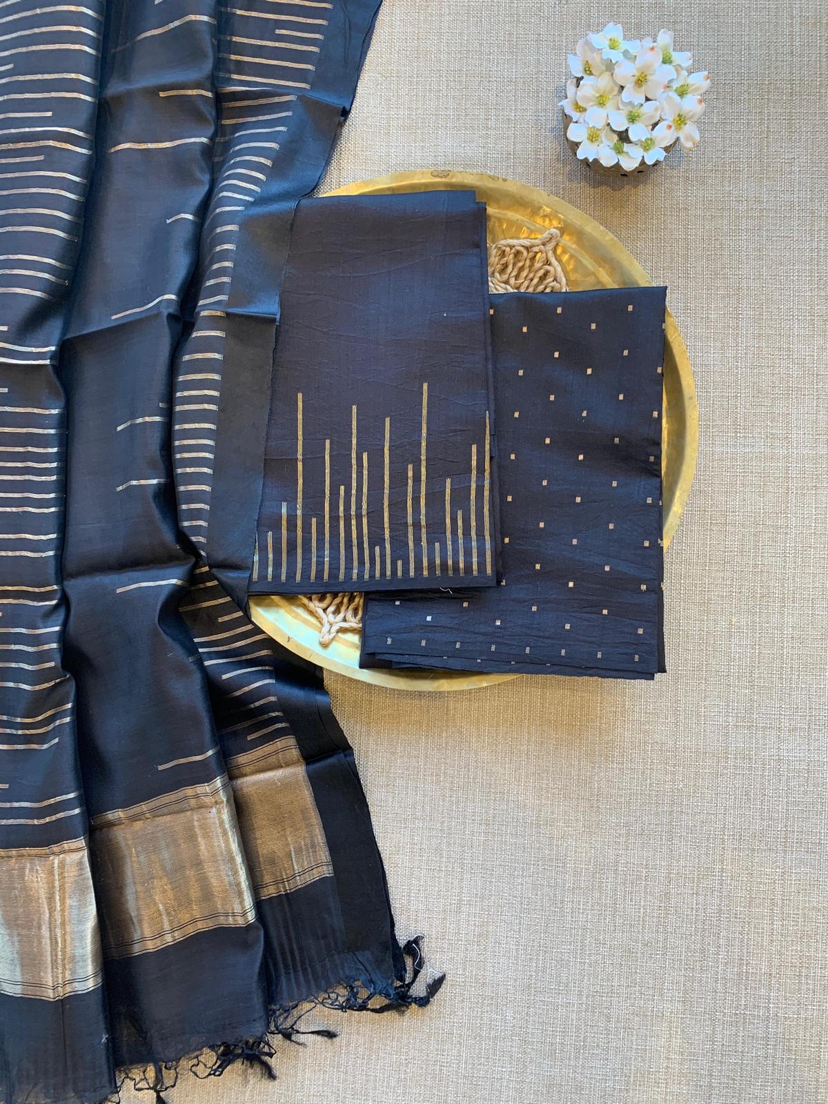 Mid night Blue Banarasi Handloom Chiniya Silk 3-pc Suit Set