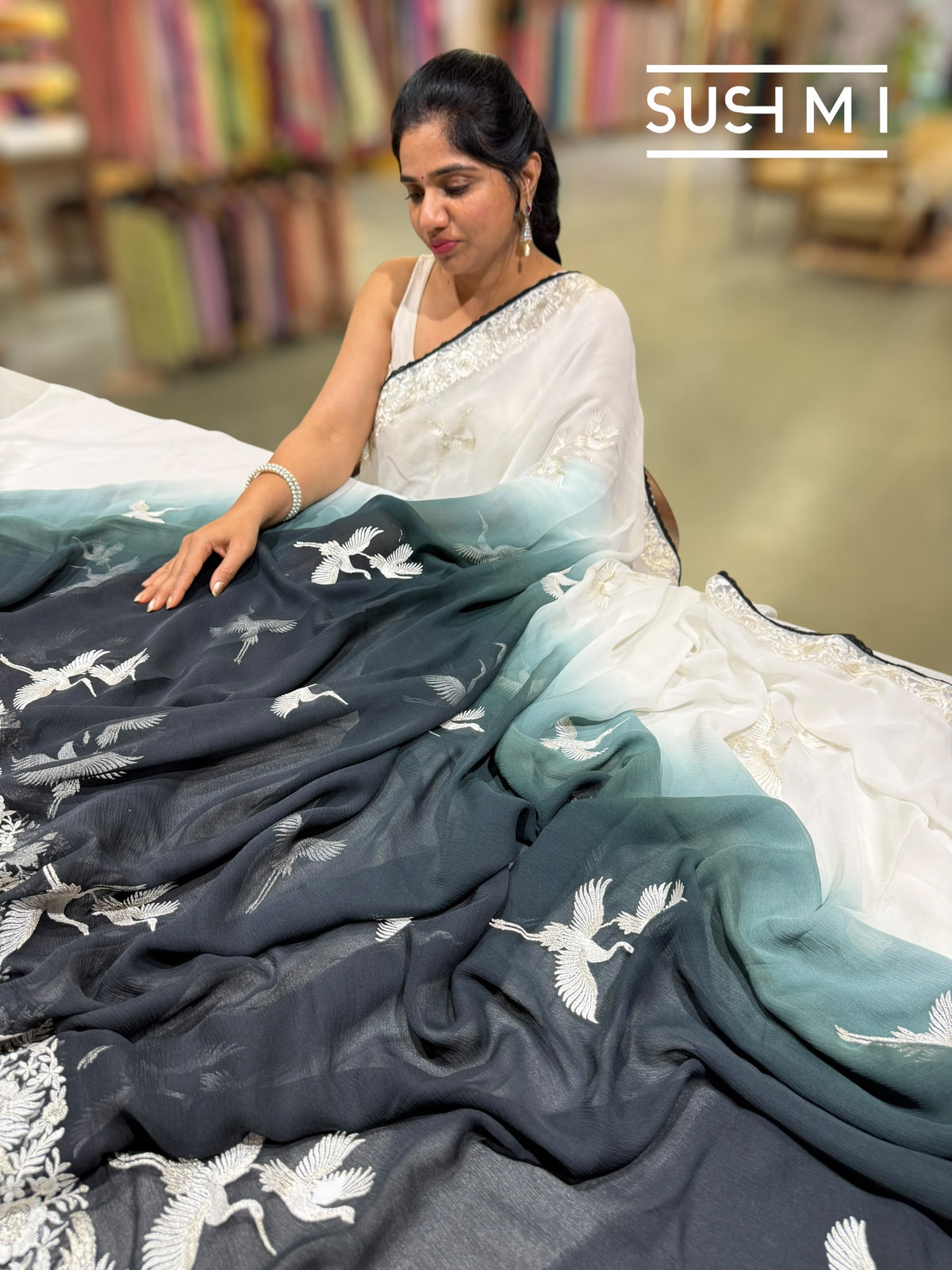 Black Ombre dyed chiffon saree with parsigara embroidery : S62F071