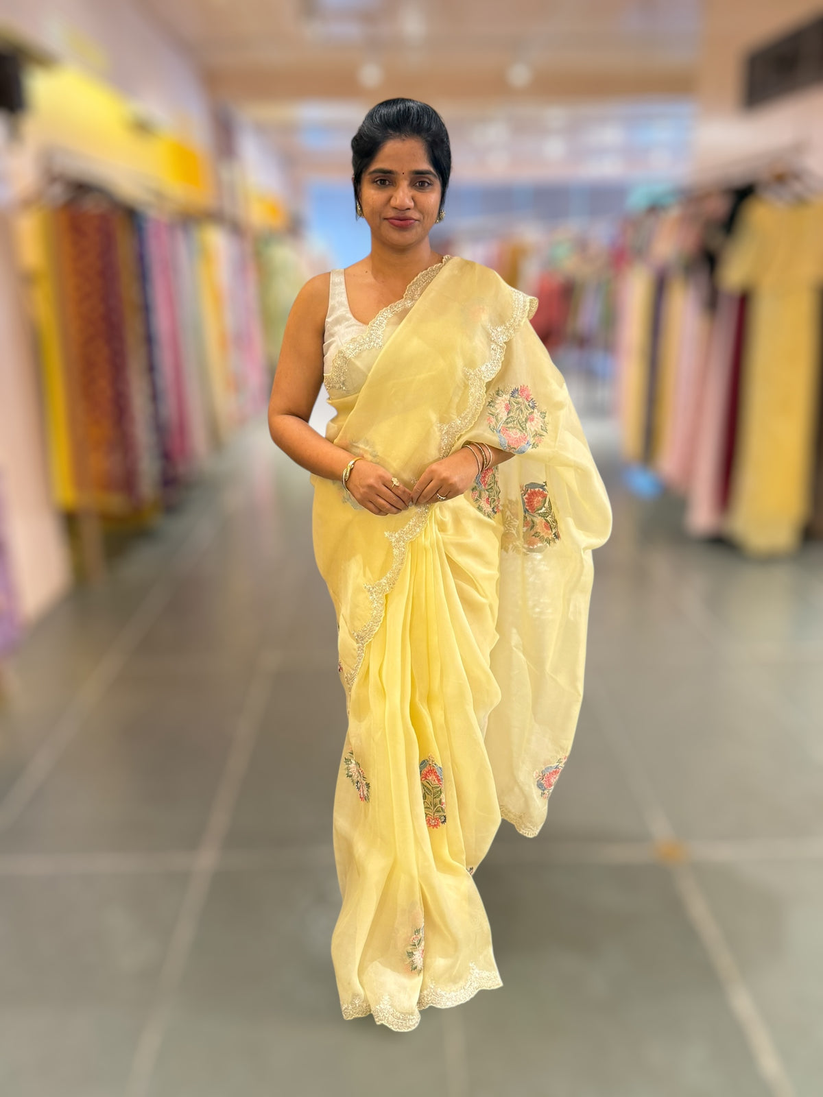 Pastel yellow pure Organza handwork saree
