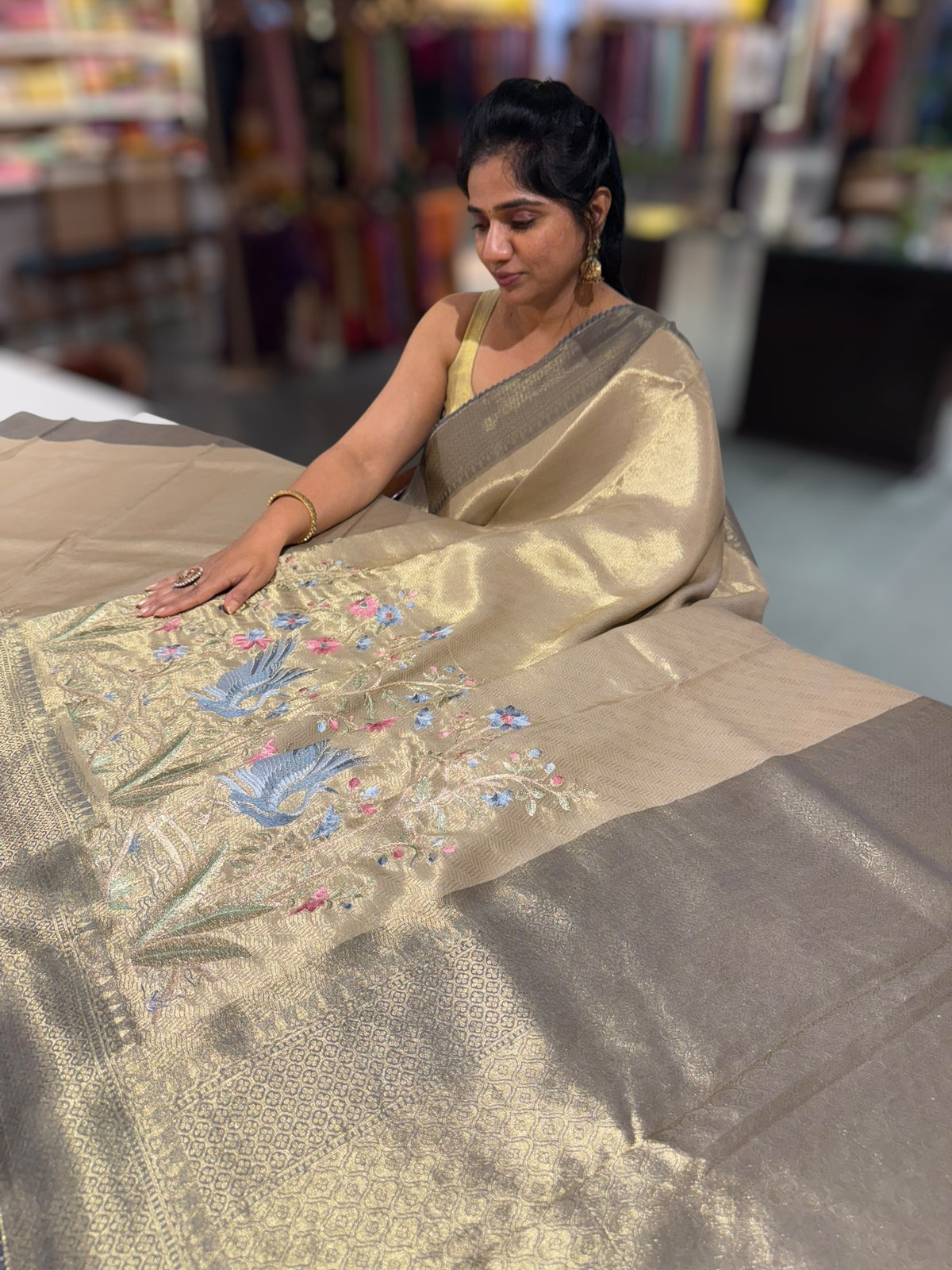 Antique Gold Banarasi Tissue with embroidered border