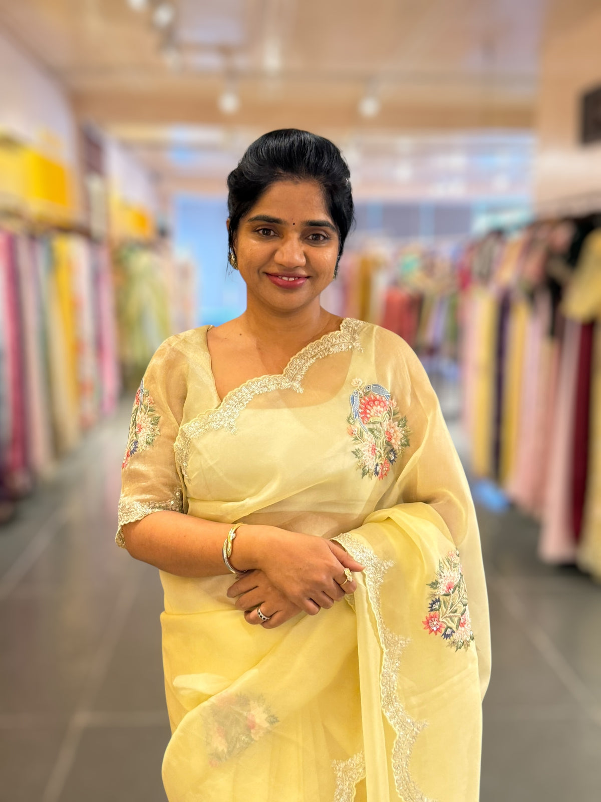 Pastel yellow pure Organza handwork saree