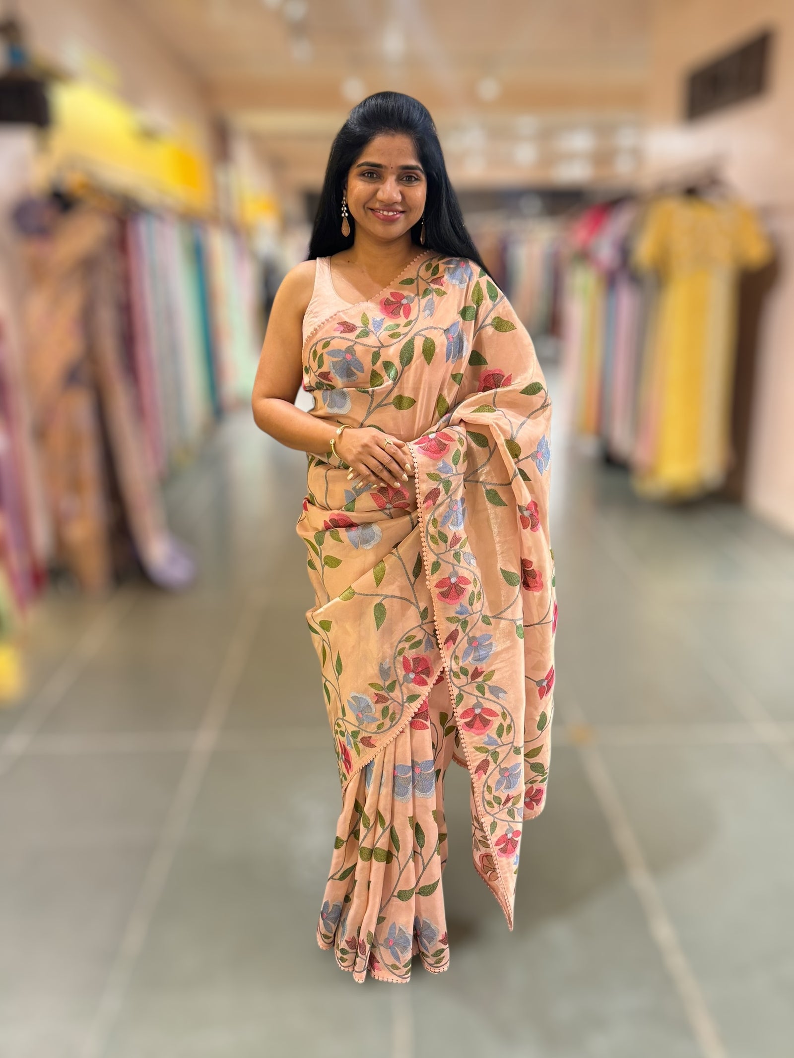 Nude Pink Tissue georgette saree with embroidey