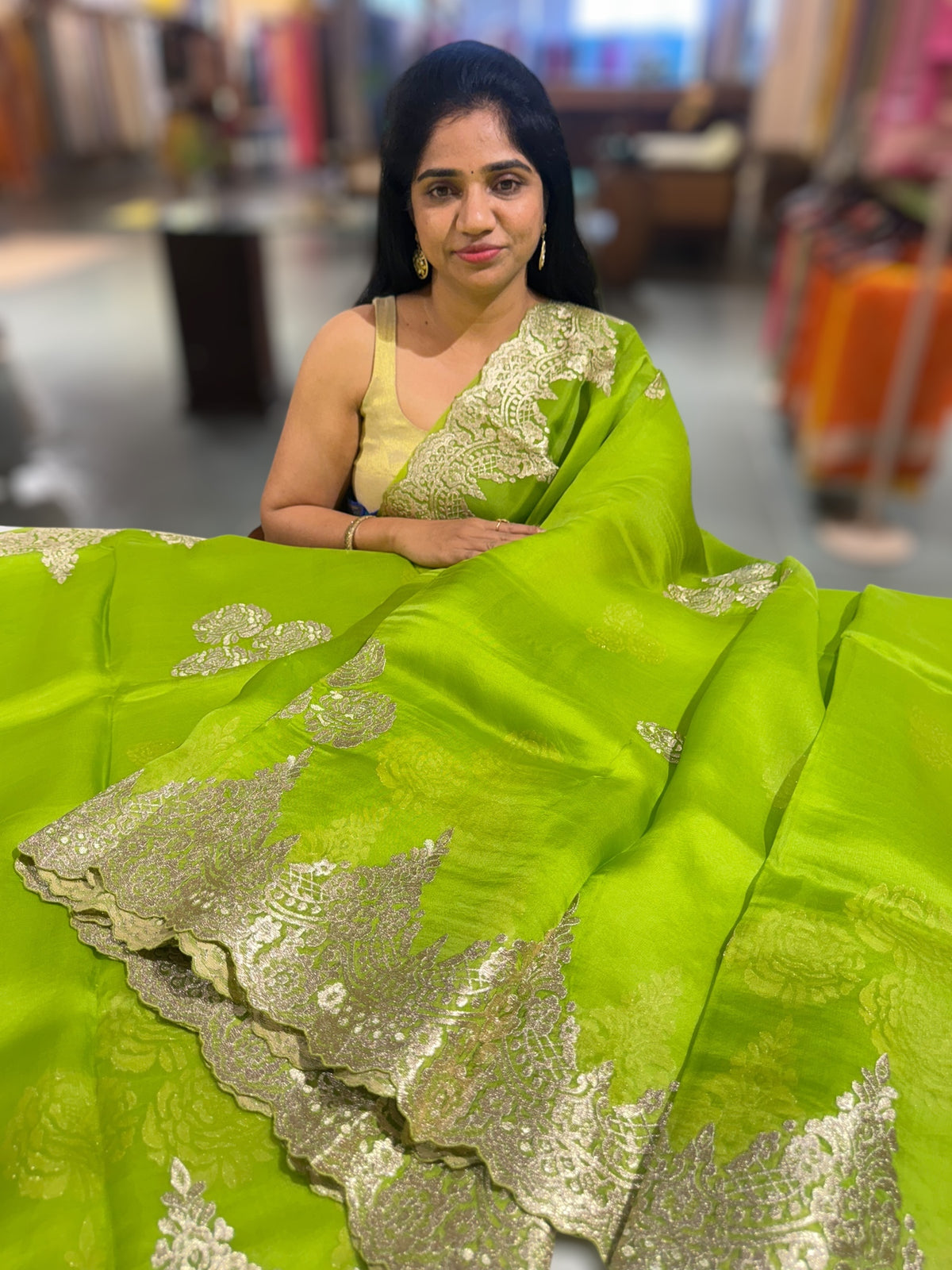 Neon Green Organza with chantilly Lace embroidery