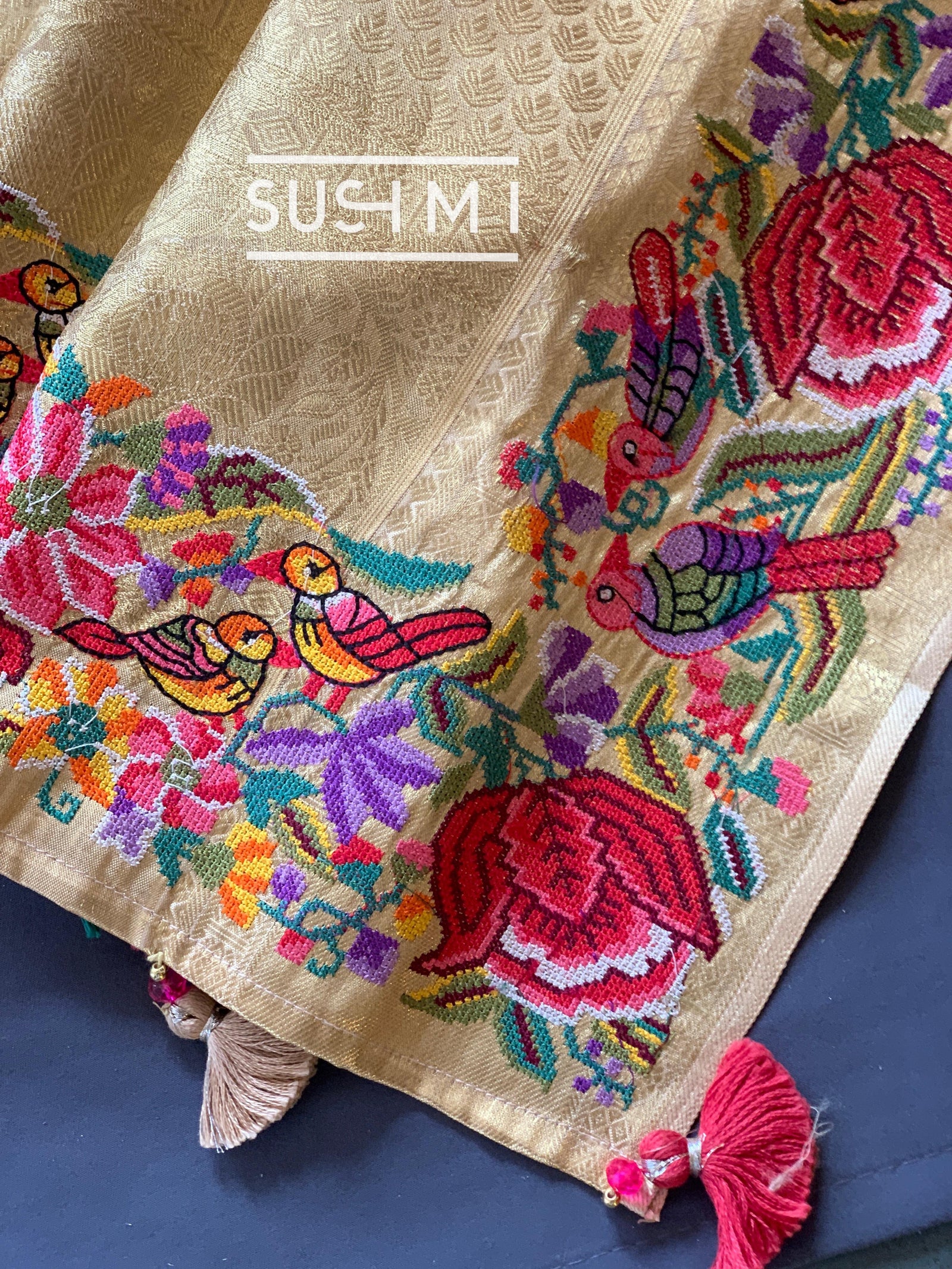 Gold Kanjeevaram Tissue Sareewith petite point embroidery : S62F087