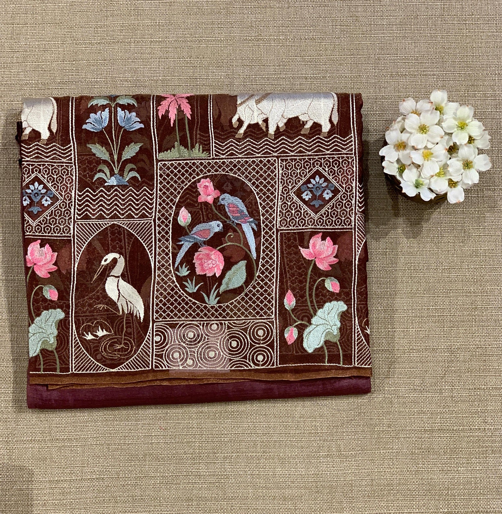 Winish Brown Kora-Tussar blend Handloom Saree with Tissue embroidered Skirt Border