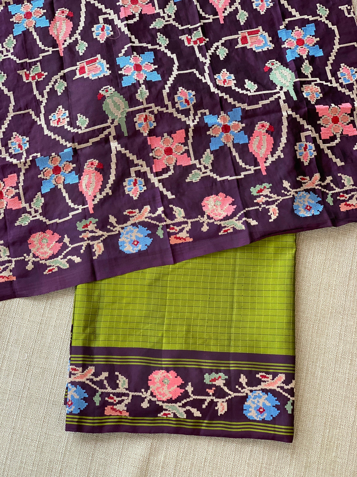 Leaf Green & Grape Wine Combo Vintage Kanchi soft silk saree with embroidery