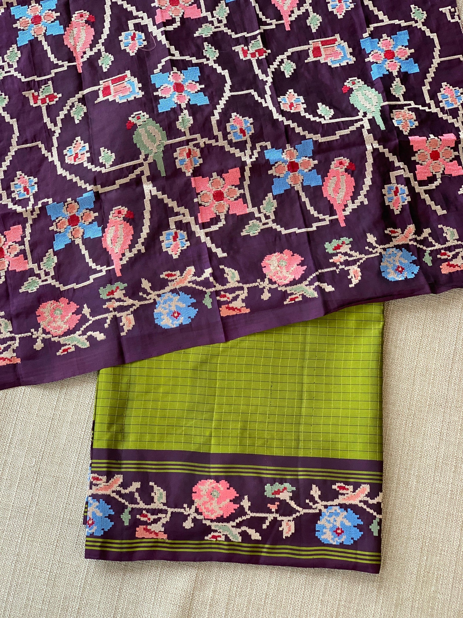Leaf Green & Grape Wine Combo Vintage Kanchi soft silk saree with embroidery
