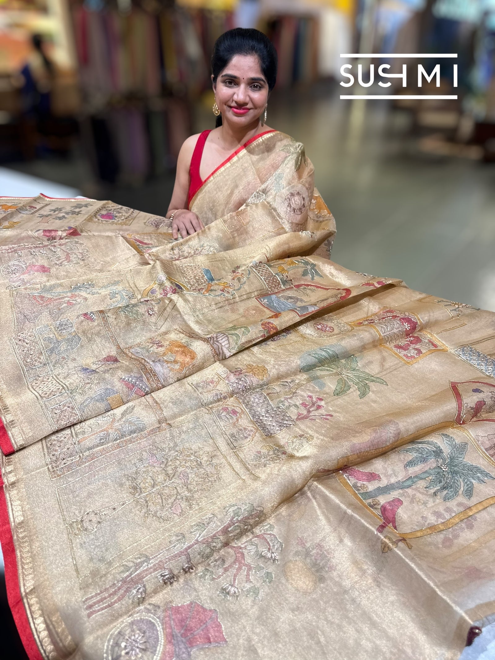 Gold Banarasi printed Tissue saree with handwork D62F058
