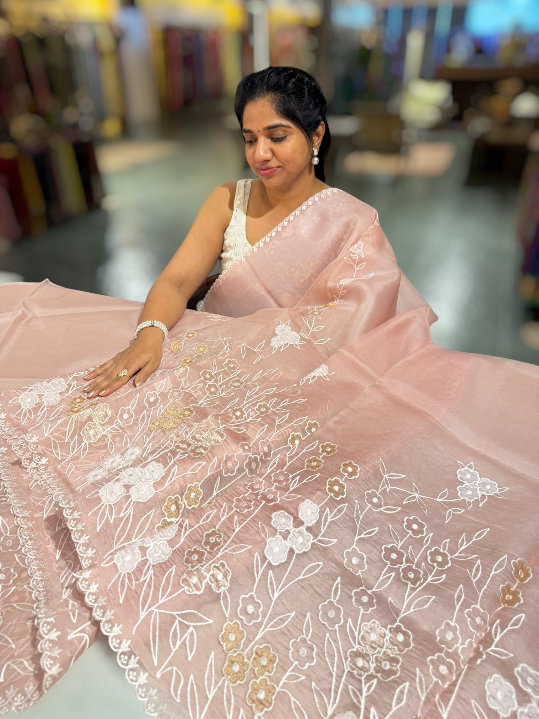 Dusty Pink Organza Saree With Tissue Applique Work