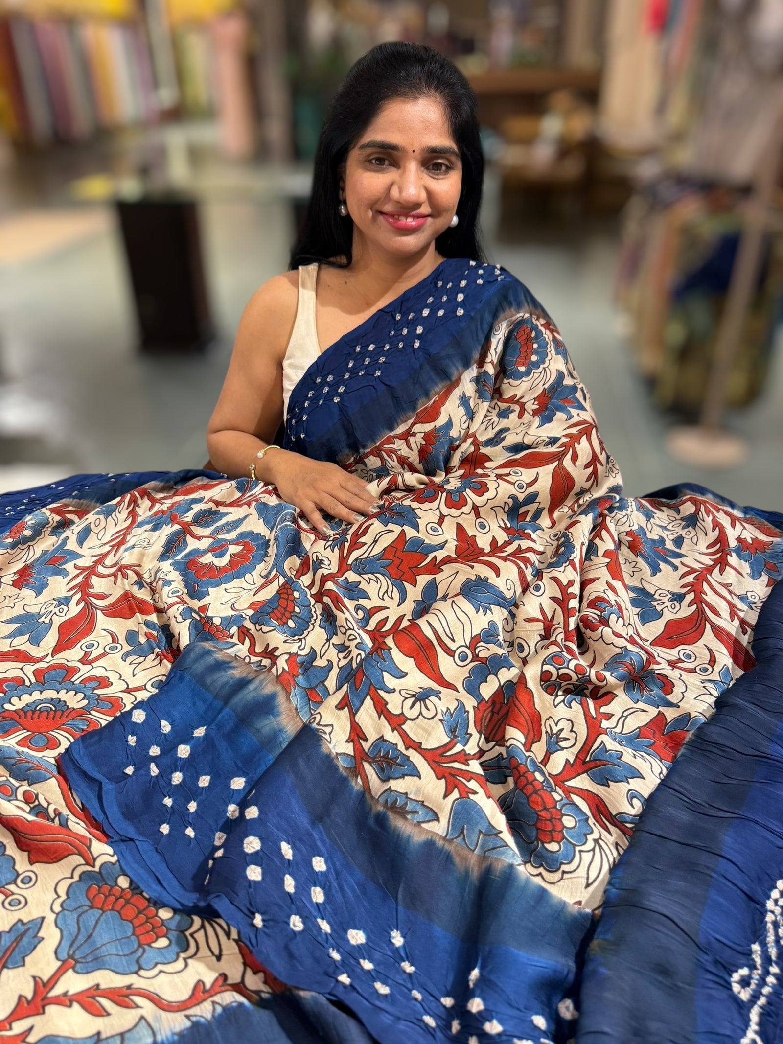 Bandhini kalamkari modal satin saree